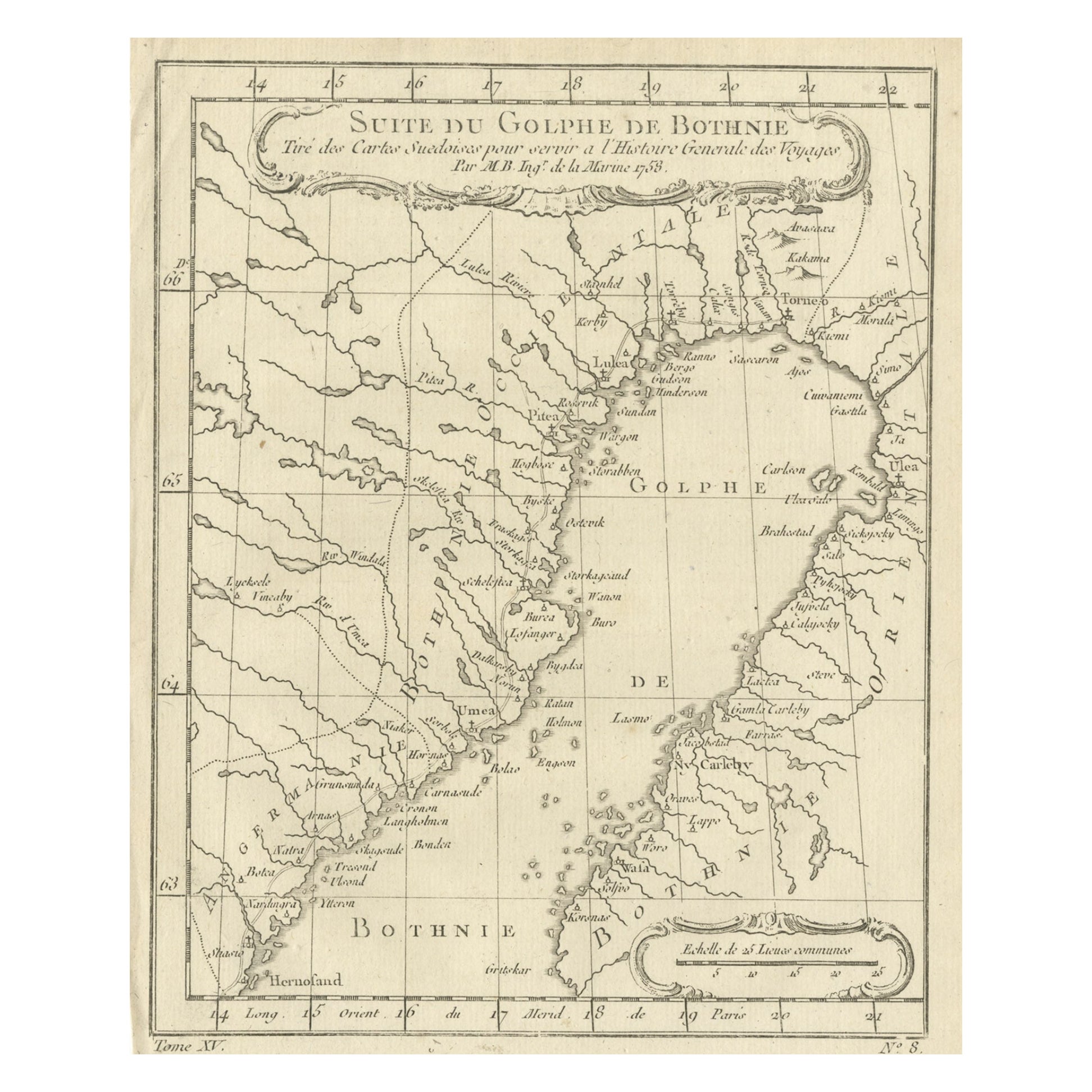 Carte ancienne du golfe de Bothnia, l'arc le plus nord de la Baltique, 1759