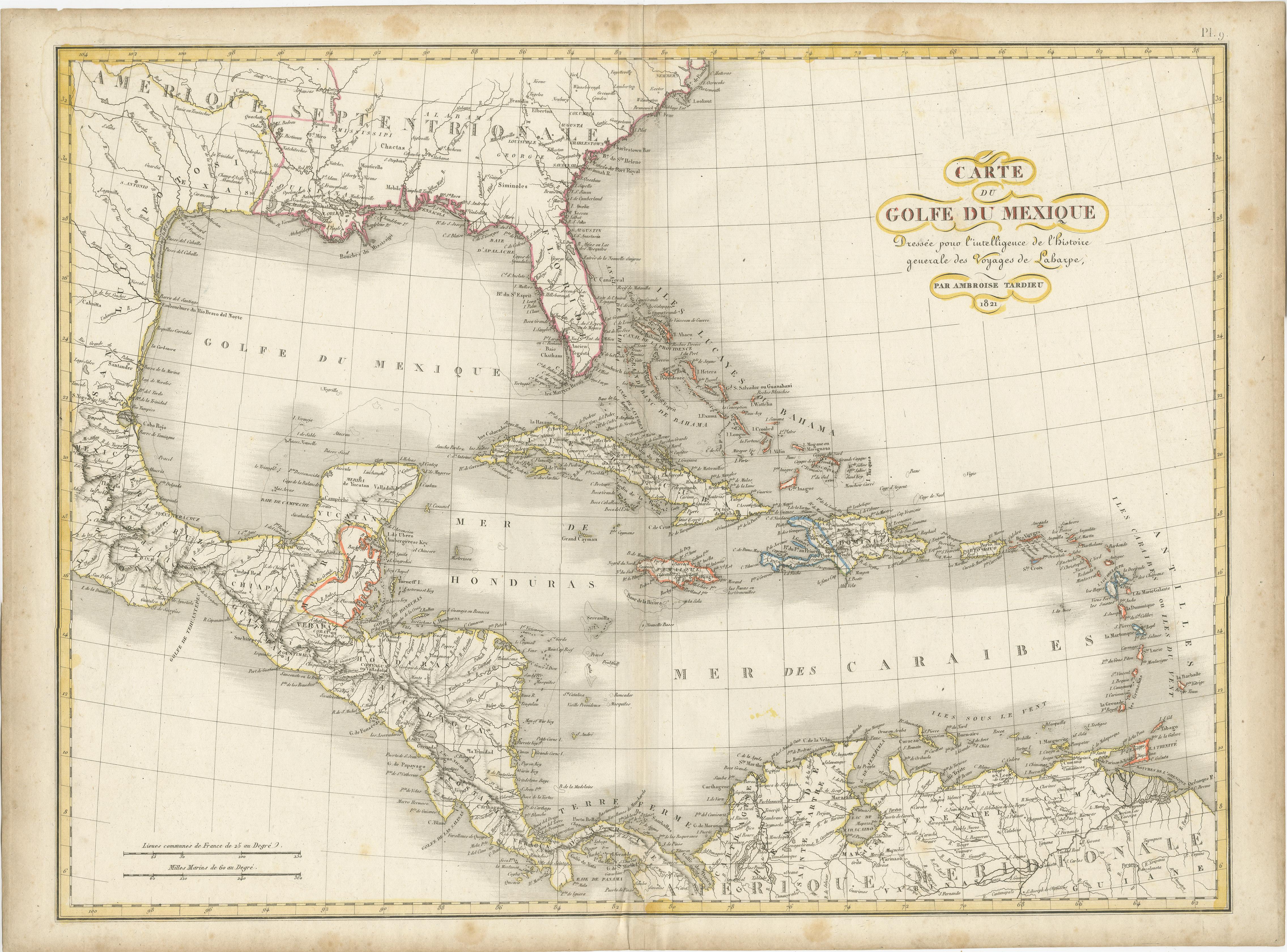 Antike Karte mit dem Titel 'Carte du Golfe du Mexique'. Diese seltene Karte zeigt den Golf von Mexiko und alle Inseln der Westindischen Inseln. Es enthält auch schöne Details über den Süden der Vereinigten Staaten, Mittelamerika und das nördliche