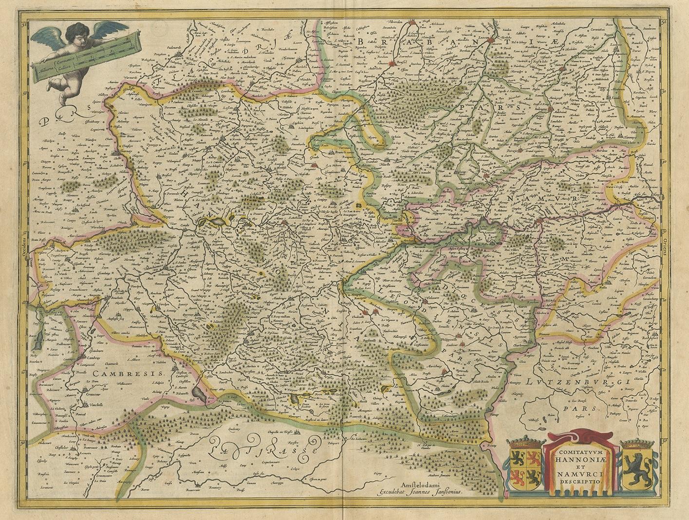 Antique map titled 'Comitatuum Hannoniae et Namurci Descriptio'. Old map of the region of Hainaut and Namur, France. Published by J. Janssonius, circa 1640.