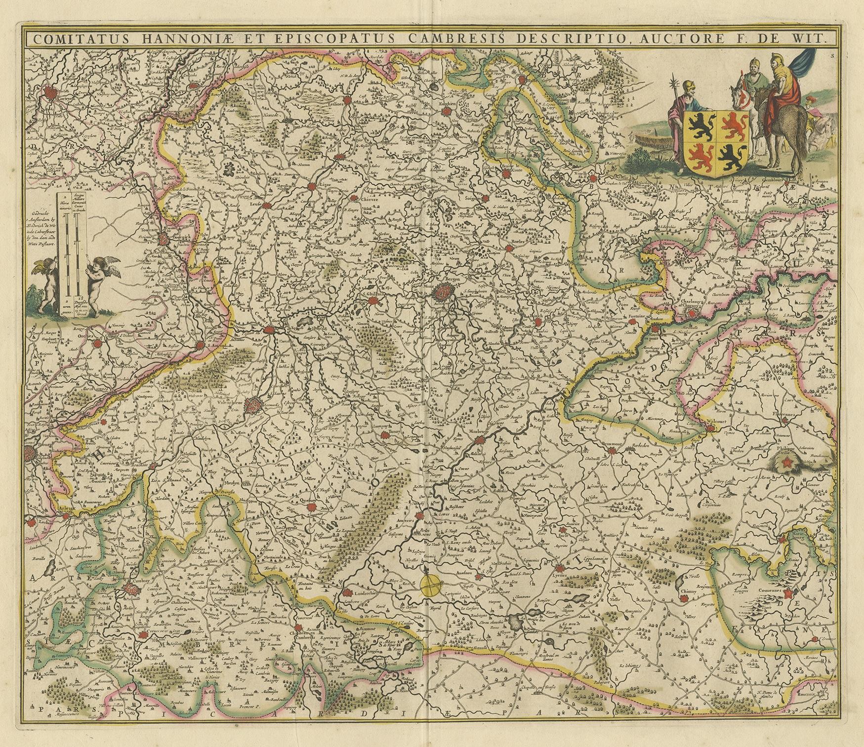 Antique map titled 'Comitatus Hannoniae et Episcopatus Cambresis Descriptio'. Large map of the Hainaut region, France. Published by F. de Wit, circa 1680.