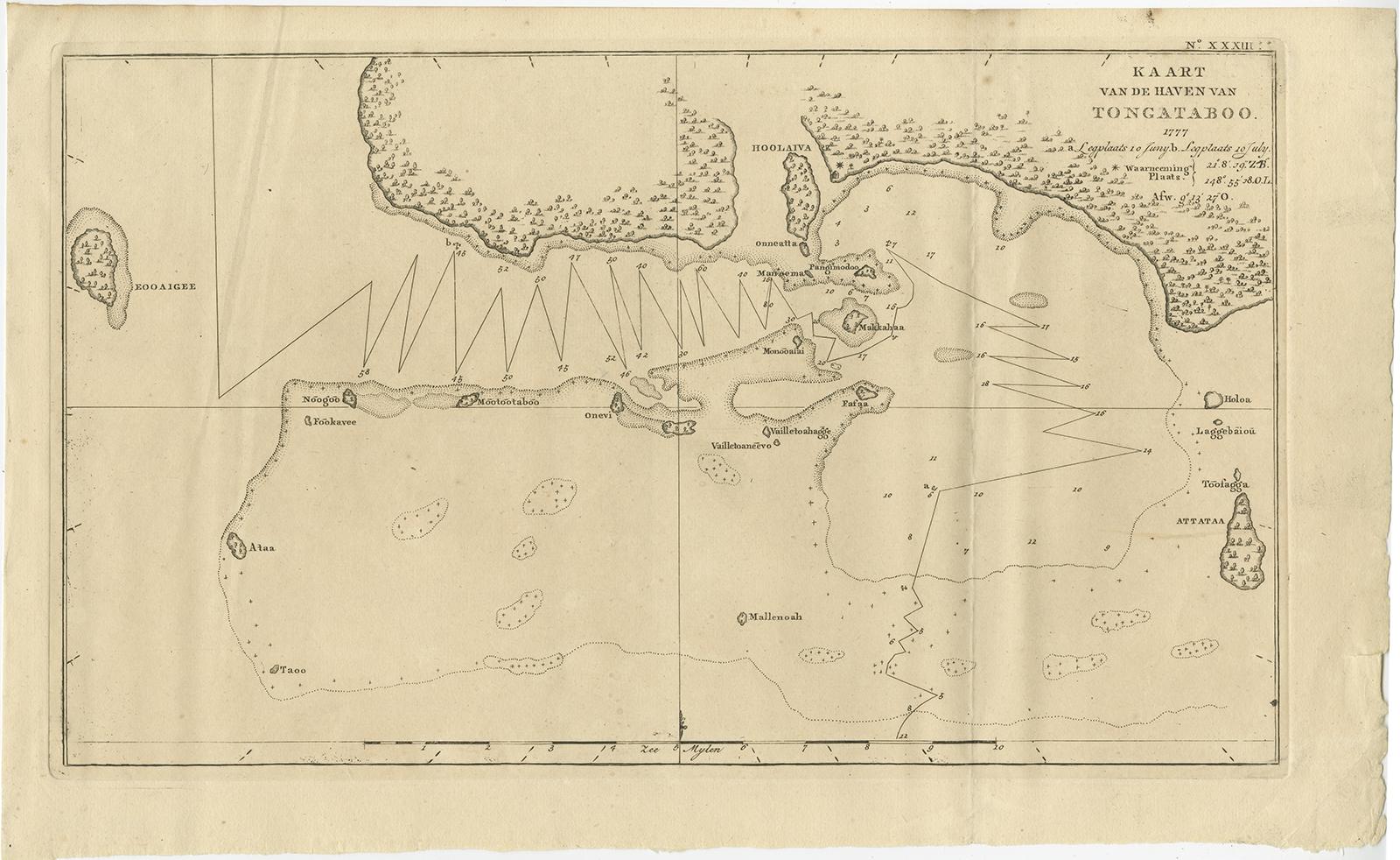 Antique map Tonga titled 'Kaart van de Haven van Tongataboo'. 

Antique map of the harbour of Tongatabu, one of the Tonga Islands. Originates from 'Reizen Rondom de Waereld door James Cook (..)'. 

Artists and Engravers: Translated by J.D.