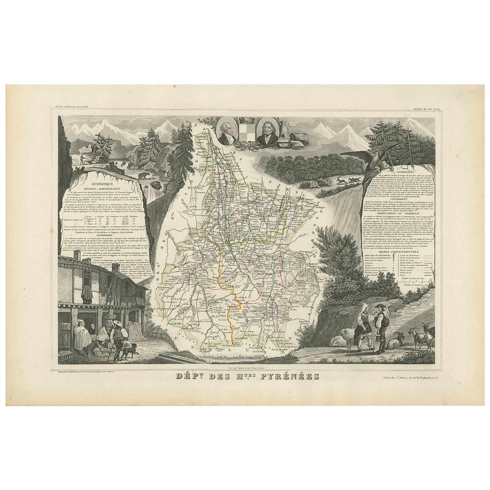 Antique Map of the Hautes Pyrenees 'France' by V. Levasseur, 1854 For Sale