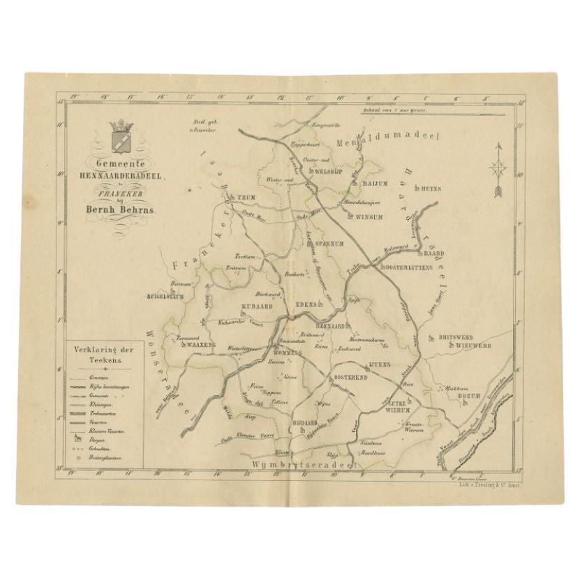 Carte ancienne de la ville de Hennaarderadeel par Behrns, 1861 en vente