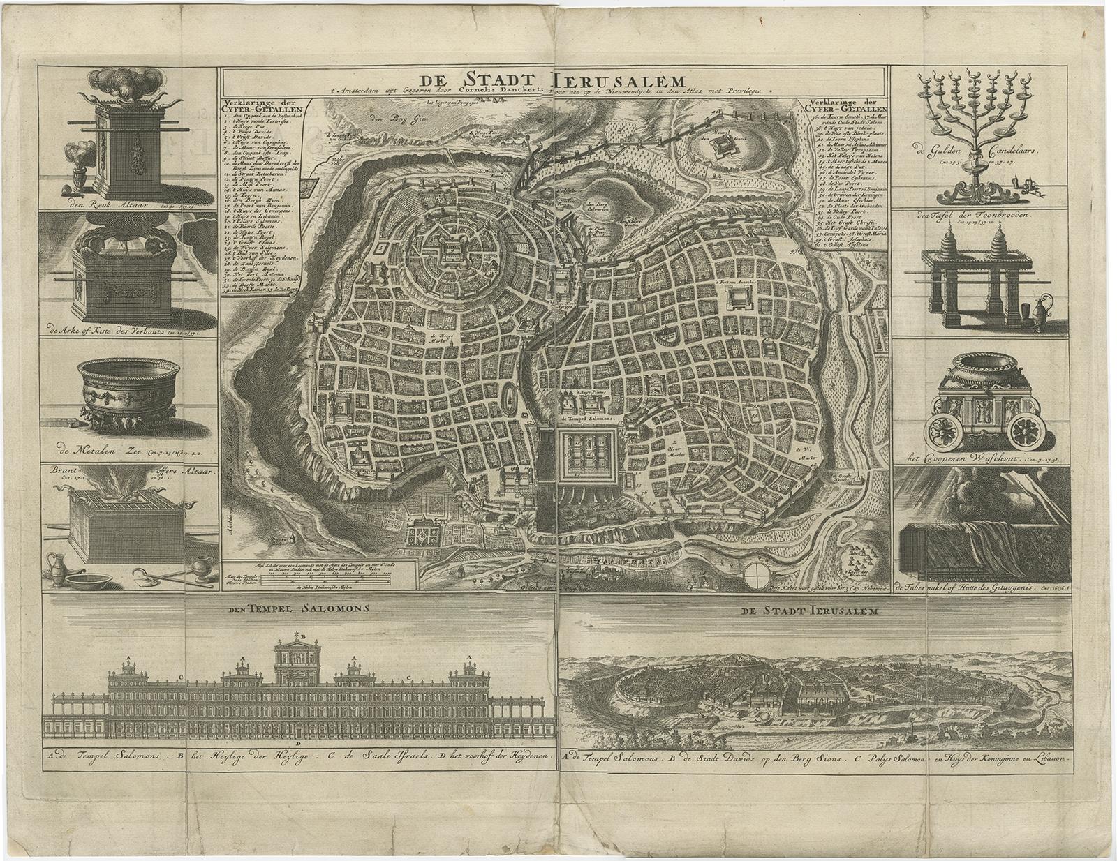 Antique map of the Holy City titled 'De Stadt Ierusalem'. 

Rare state of this bird's eye plan of the holy city flanked by engravings of religious icons. At the bottom are an elevation of the Temple of Solomon and a panoramic view of Jerusalem. The