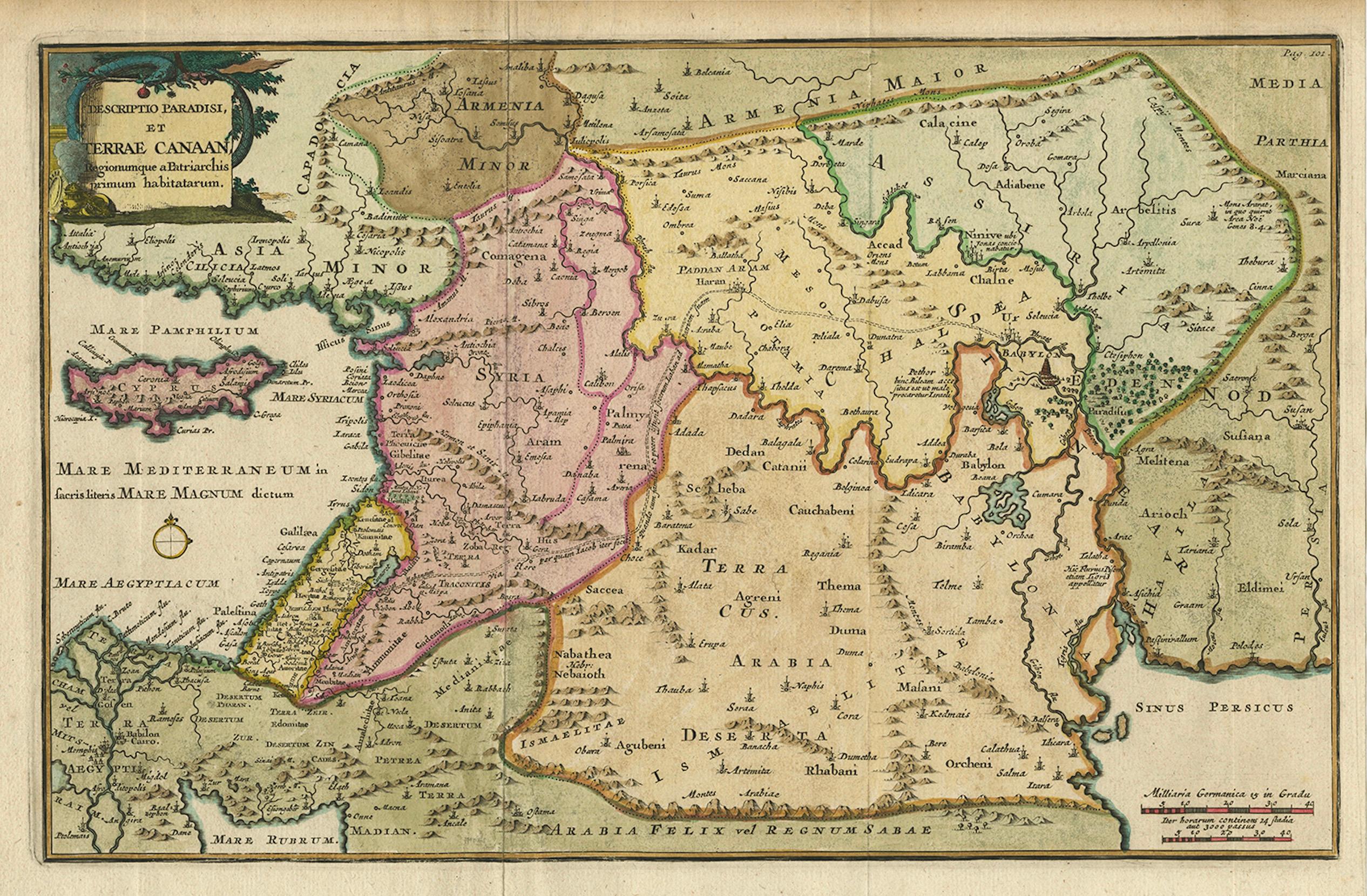 Antique Map of the Holy Land and Paradise by François Halma, c.1720

Beautiful early 18th-century hand-colored map of the Middle East extending from the Mediterranean Sea to the Persian Gulf, engraved for François Halma’s Descriptio Paradisi, et