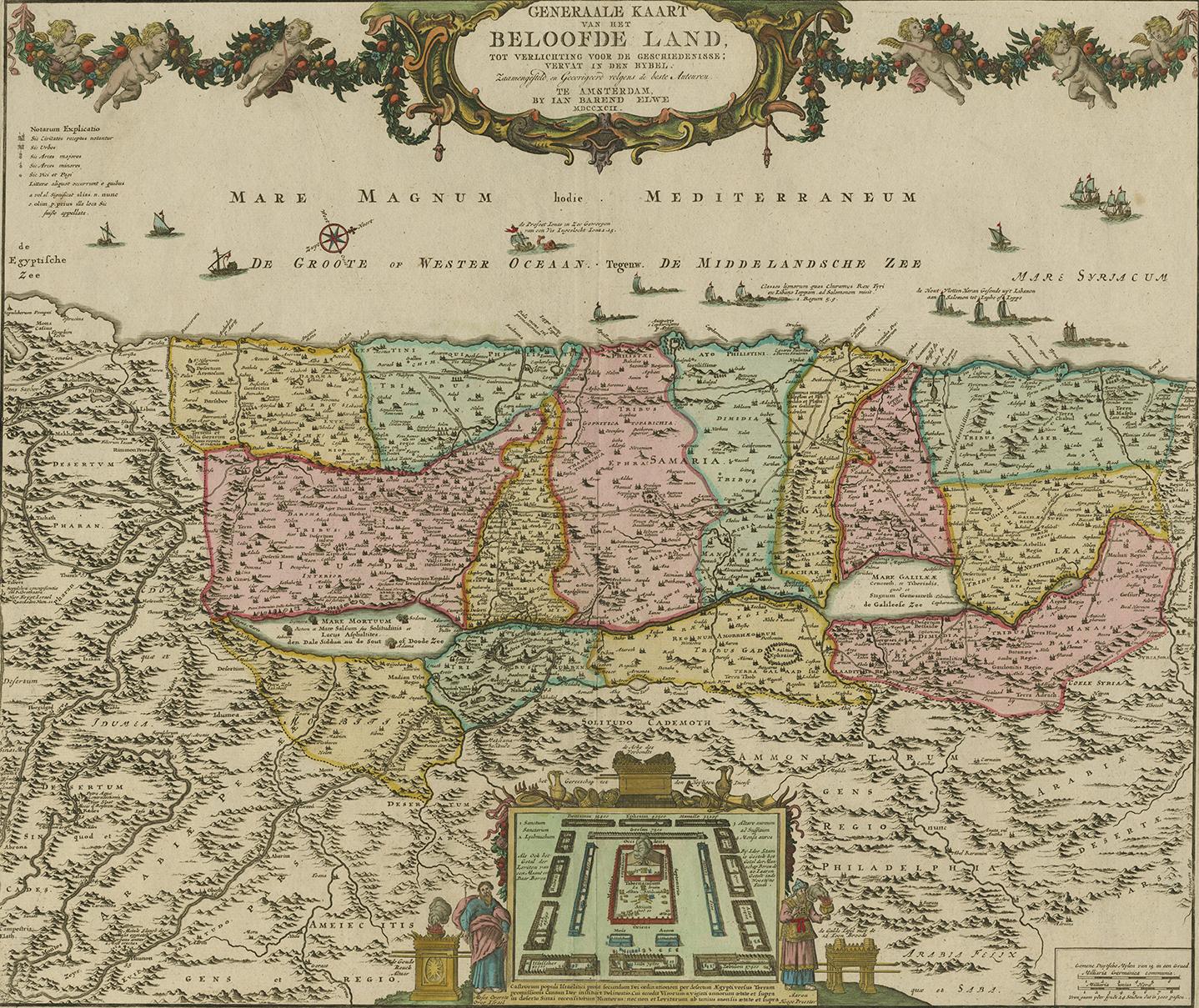 Large, detailed map of the Holy Land based on De Wit`s map. West is oriented to the top of the map, which is spanned by a large title cartouche draped in a garland held aloft by six cherubs. The Mediterranean is filled with various types of ships