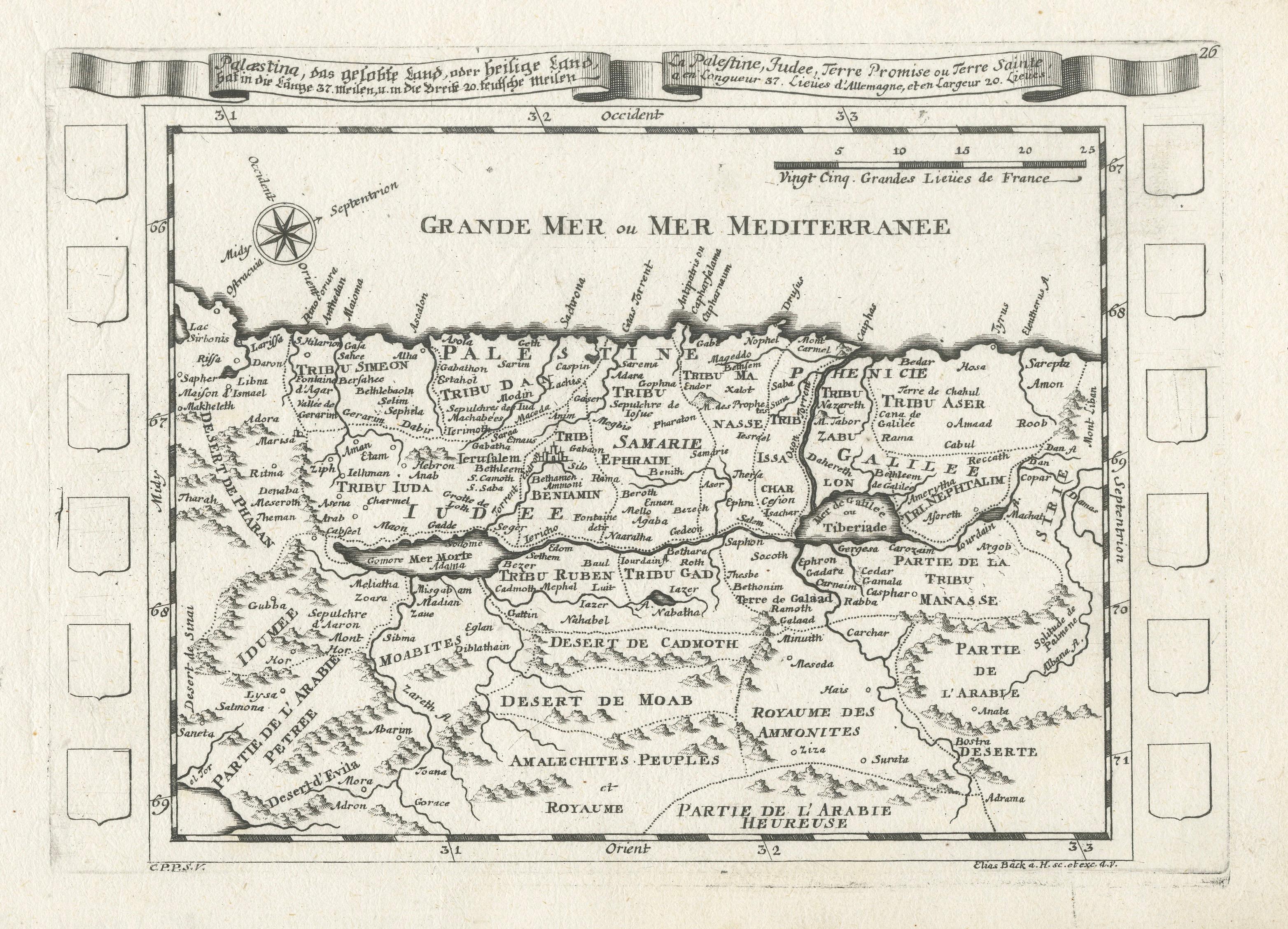 Antique Map of the Holy Land Palestine & Jerusalem, Elias Baeck ca. 1700