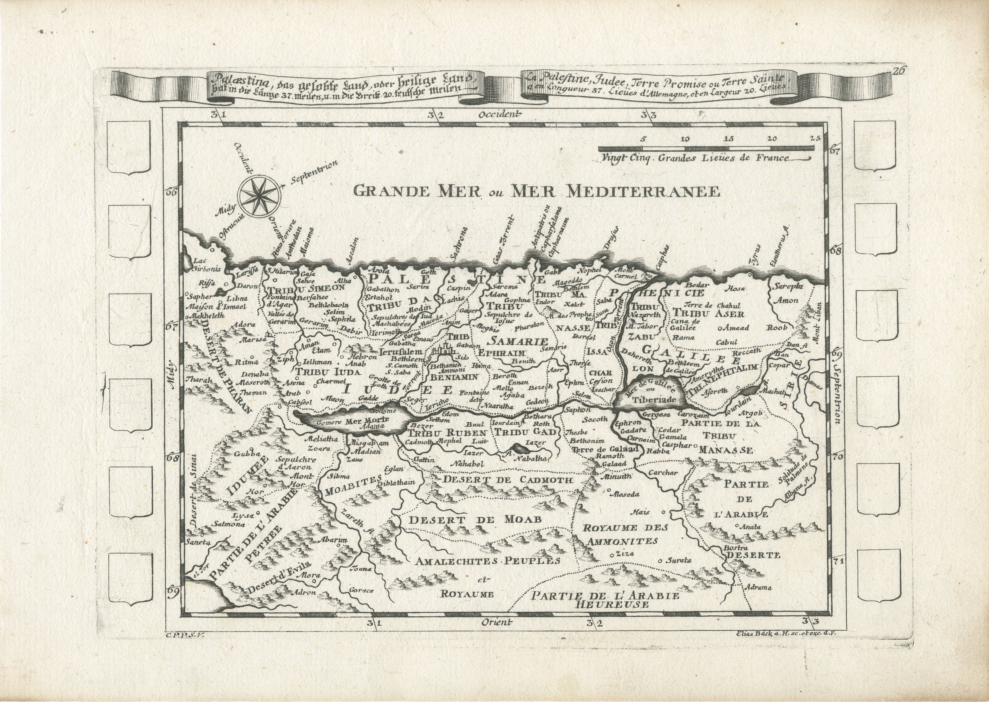 Antique Map of the Holy Land Palestine & Jerusalem, Elias Baeck ca. 1700