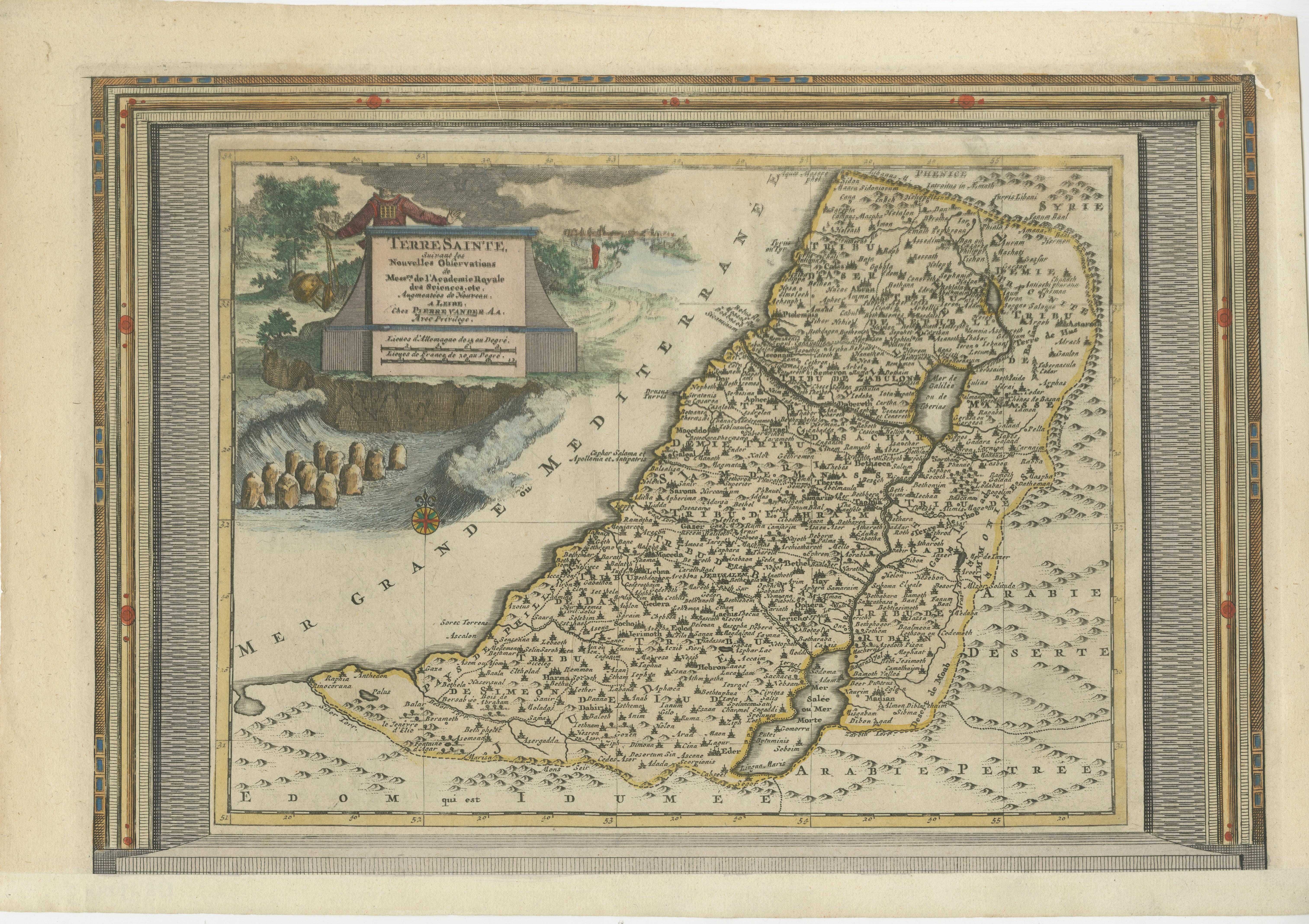 Antike Karte mit dem Titel 'Terre Sainte Suivant les Nouvelles Observations (..)'. Originale alte Karte des Heiligen Landes mit Bilderrahmenumrandung. Der Begriff 