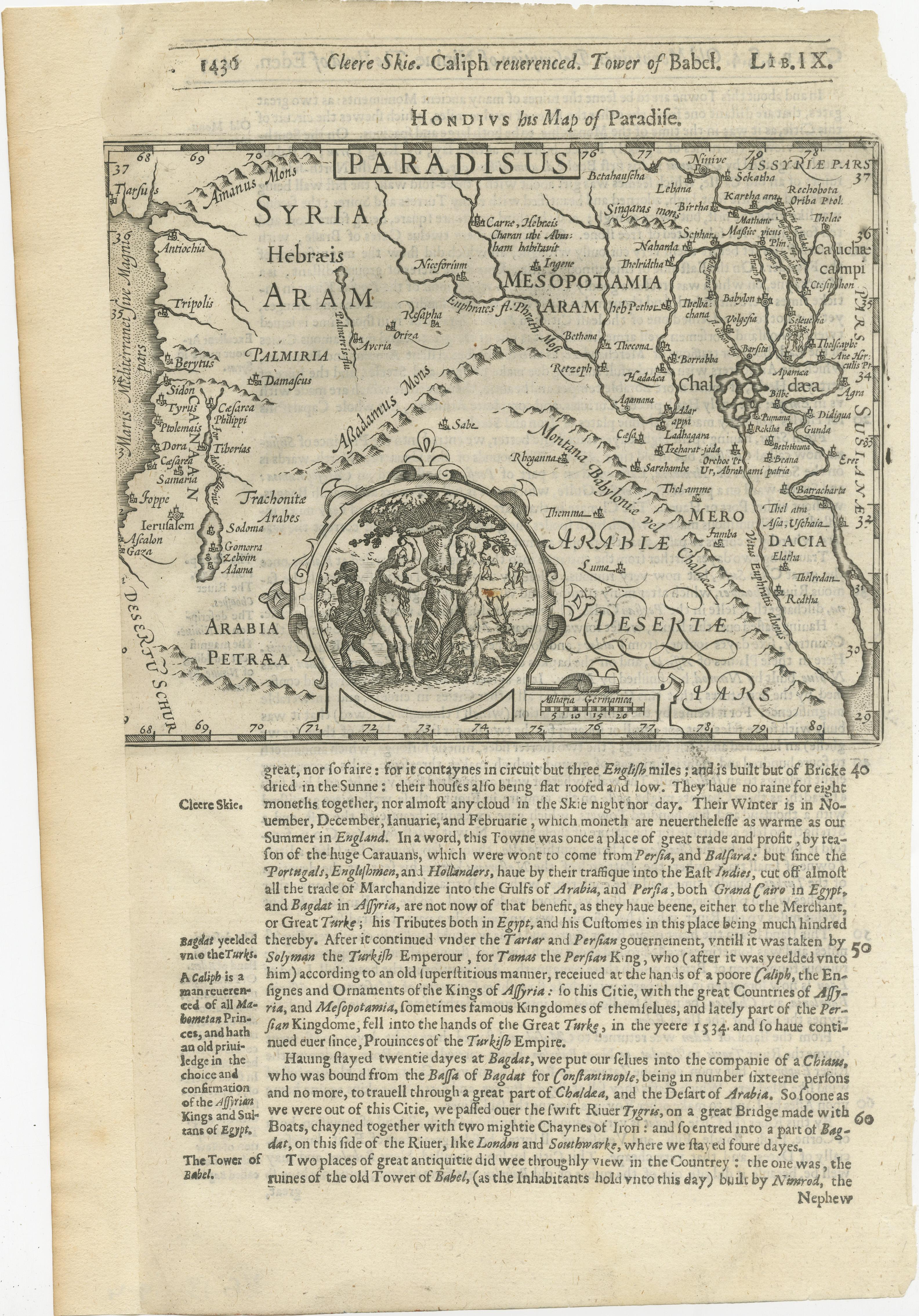 Antique map titled 'Hondius his Map of Paradise'. Beautiful map of the region bounded by the Holy Land. Syria, Mesopotamia, Chaldea and part of Arabia. With decorative vignette of the Garden of Eden. Originates from the 1625-26 edition of 'Purchas