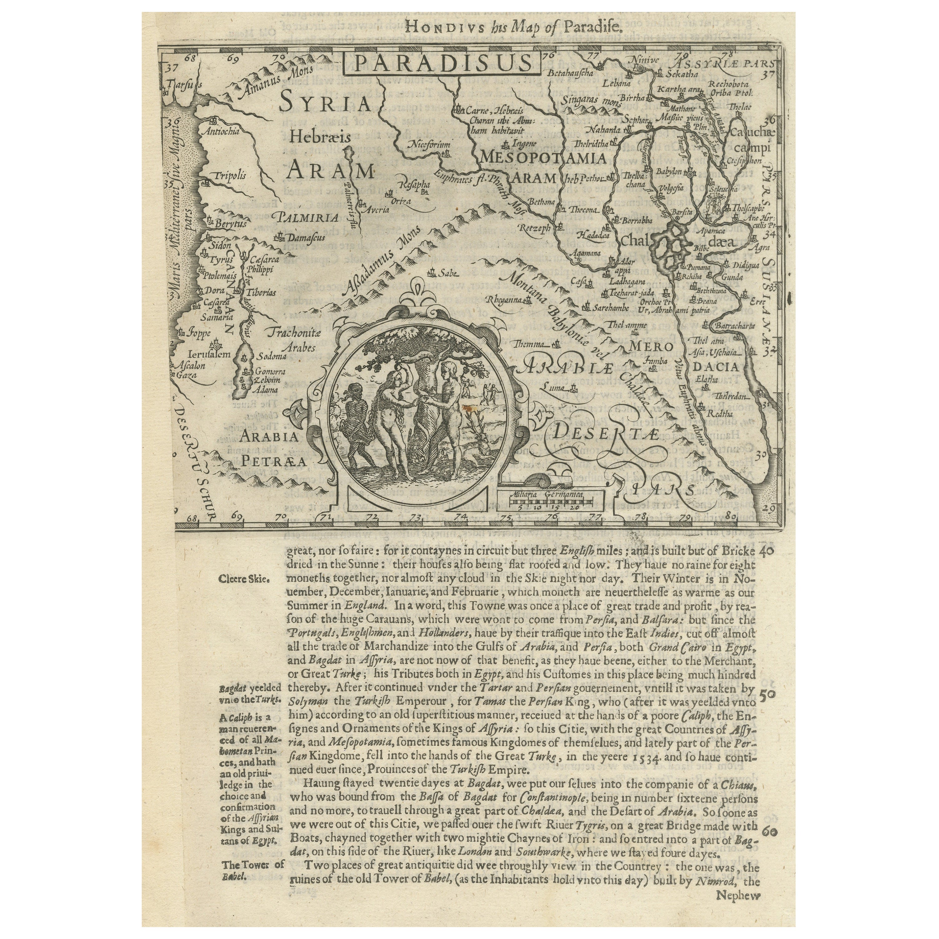 Carta geografica antica della Terra Santa, con vignetta del Giardino dell'Eden in vendita