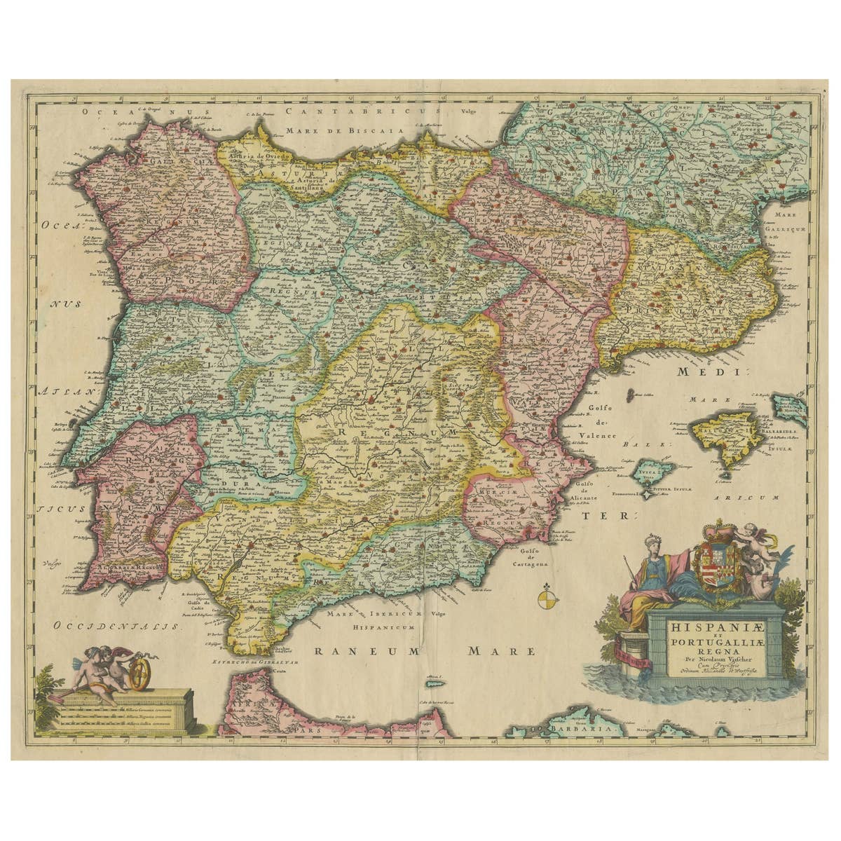 Antique Map of the Iberian Peninsula with two decorative Cartouches, c.1680