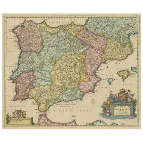 Antique Map of the Iberian Peninsula with two decorative Cartouches, c.1680