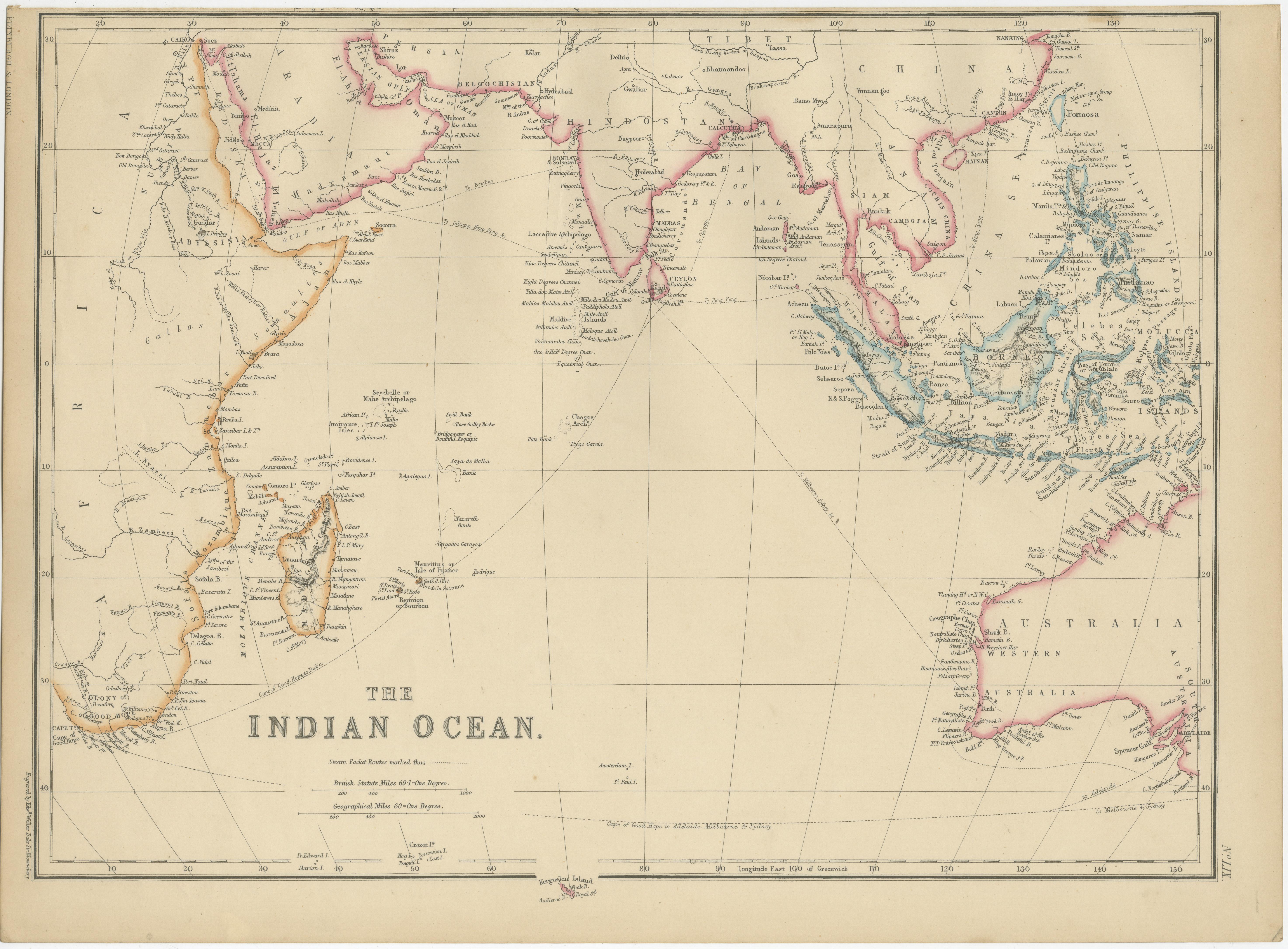 Antique map titled 'The Indian Ocean'. Original antique map of the Indian Ocean. This map originates from ‘The Imperial Atlas of Modern Geography’. Published by W. G. Blackie, 1859.