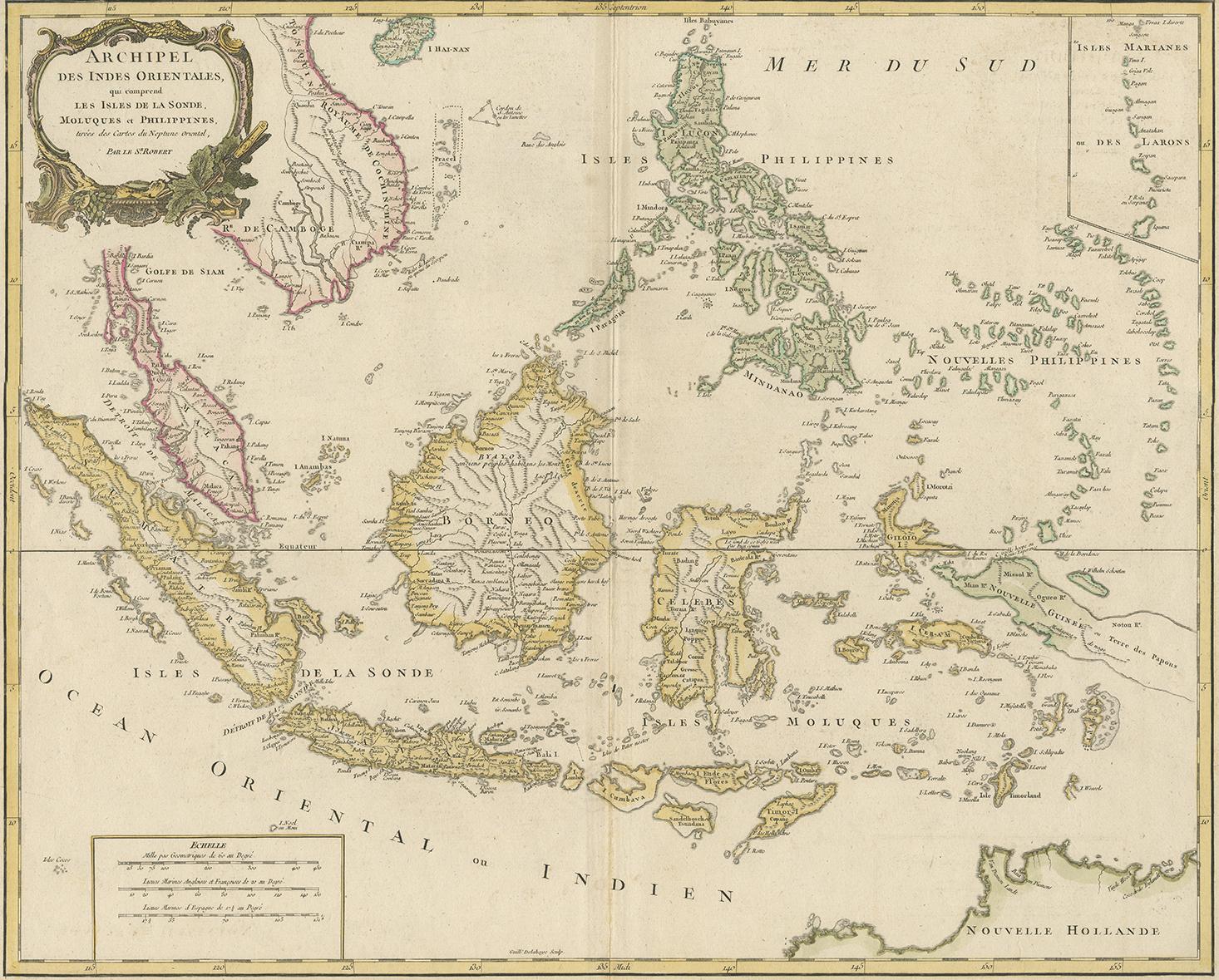 Striking and highly detailed map of the region from Sumatra and Malaca and Southern China to the Philipines, New Guinea and Northern Australia, centered on Borneo. Includes a large inset of the Marianas. Wonderful early detail, derived from the