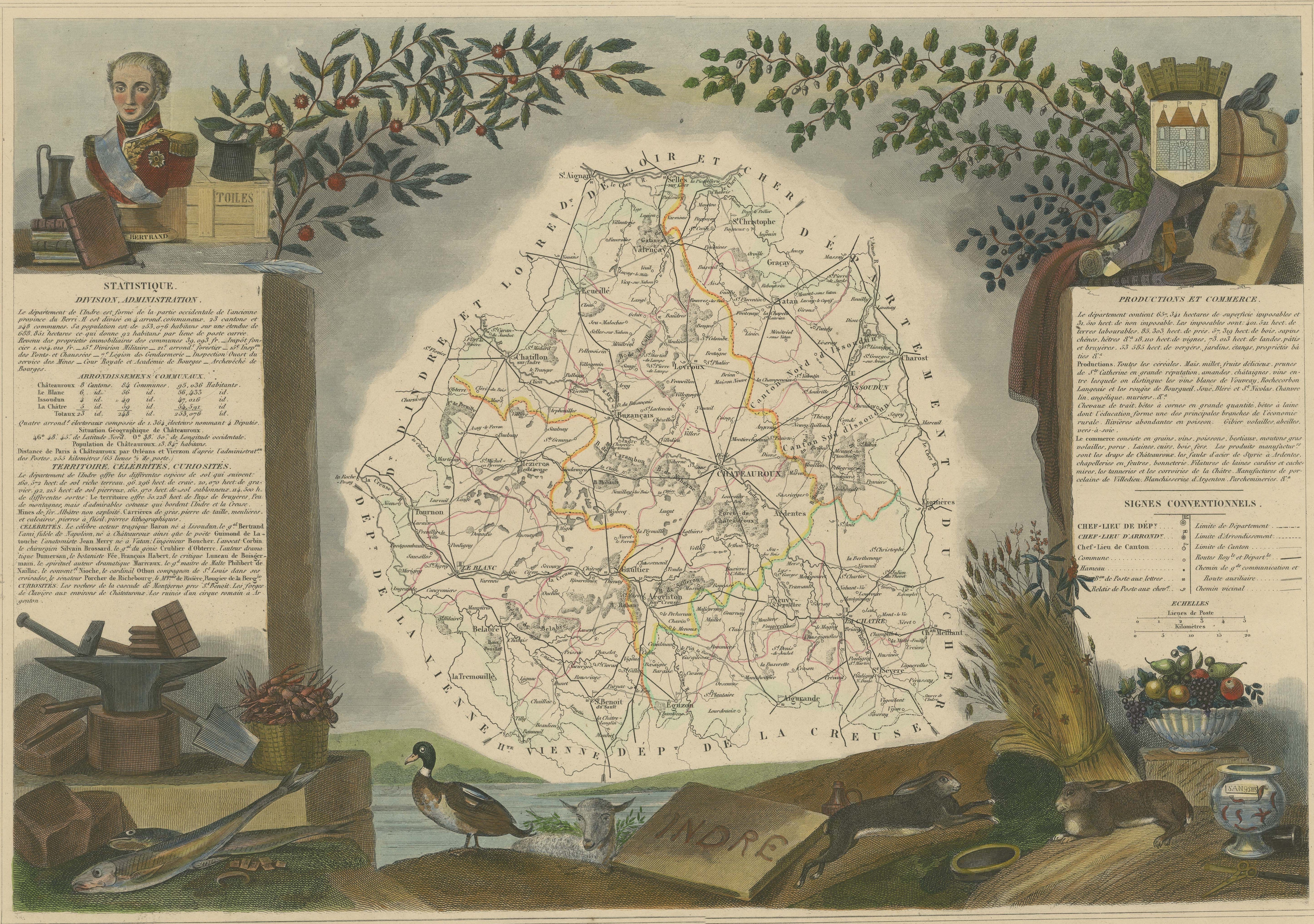 Antique map titled 'Dépt. de l'Indre'. 

Map of the French department of Indre, France. Part of the Loire Valley wine region, this area is known for its production of Chinon wines, typically red, and production of Pouligny-Saint-Pierre,