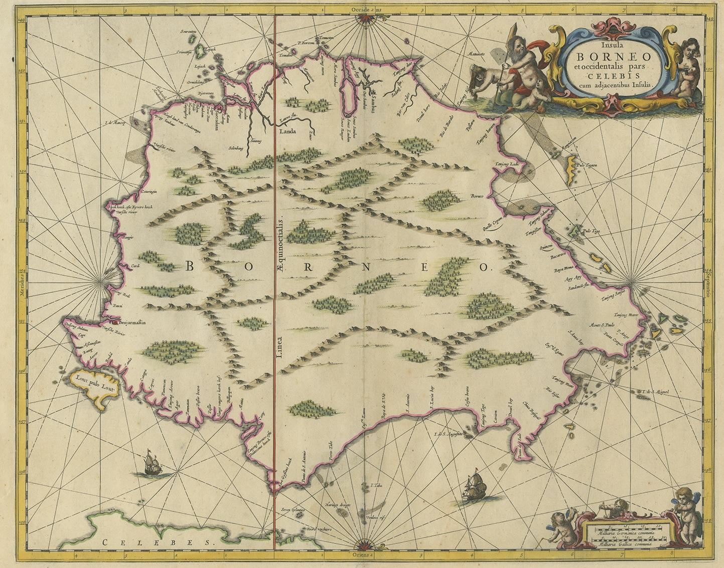 Antique map titled 'Insula Borneo et Occidentalis pars Celebis cum adjacentibus Insulis'. Rare sea chart of the island of Borneo. Published by J. Janssonius, circa 1650.