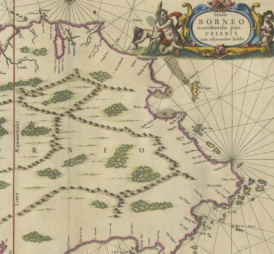 Carte ancienne de l'île de Borneo par Janssonius, datant d'environ 1650 Bon état - En vente à Langweer, NL