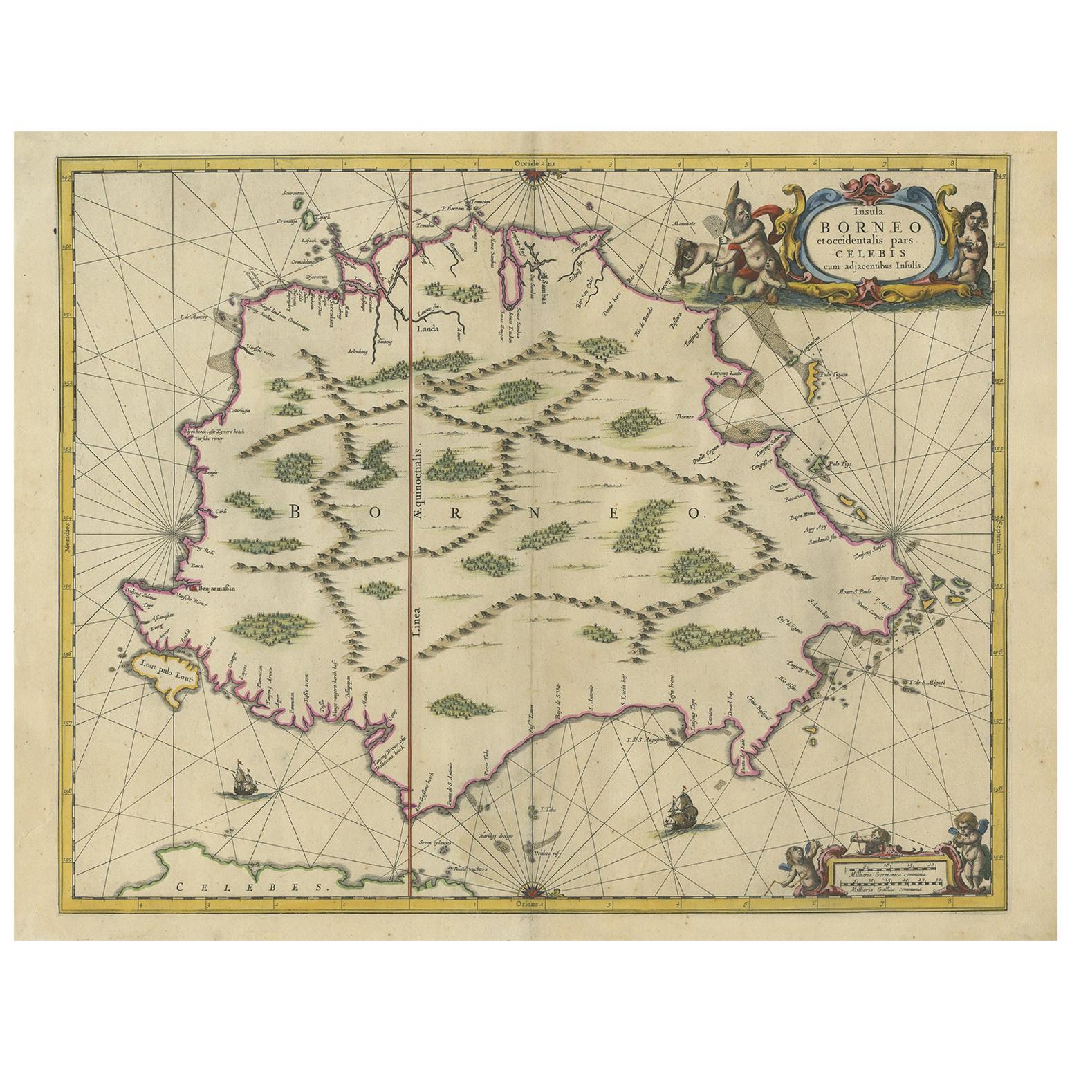 Carte ancienne de l'île de Borneo par Janssonius, datant d'environ 1650 en vente