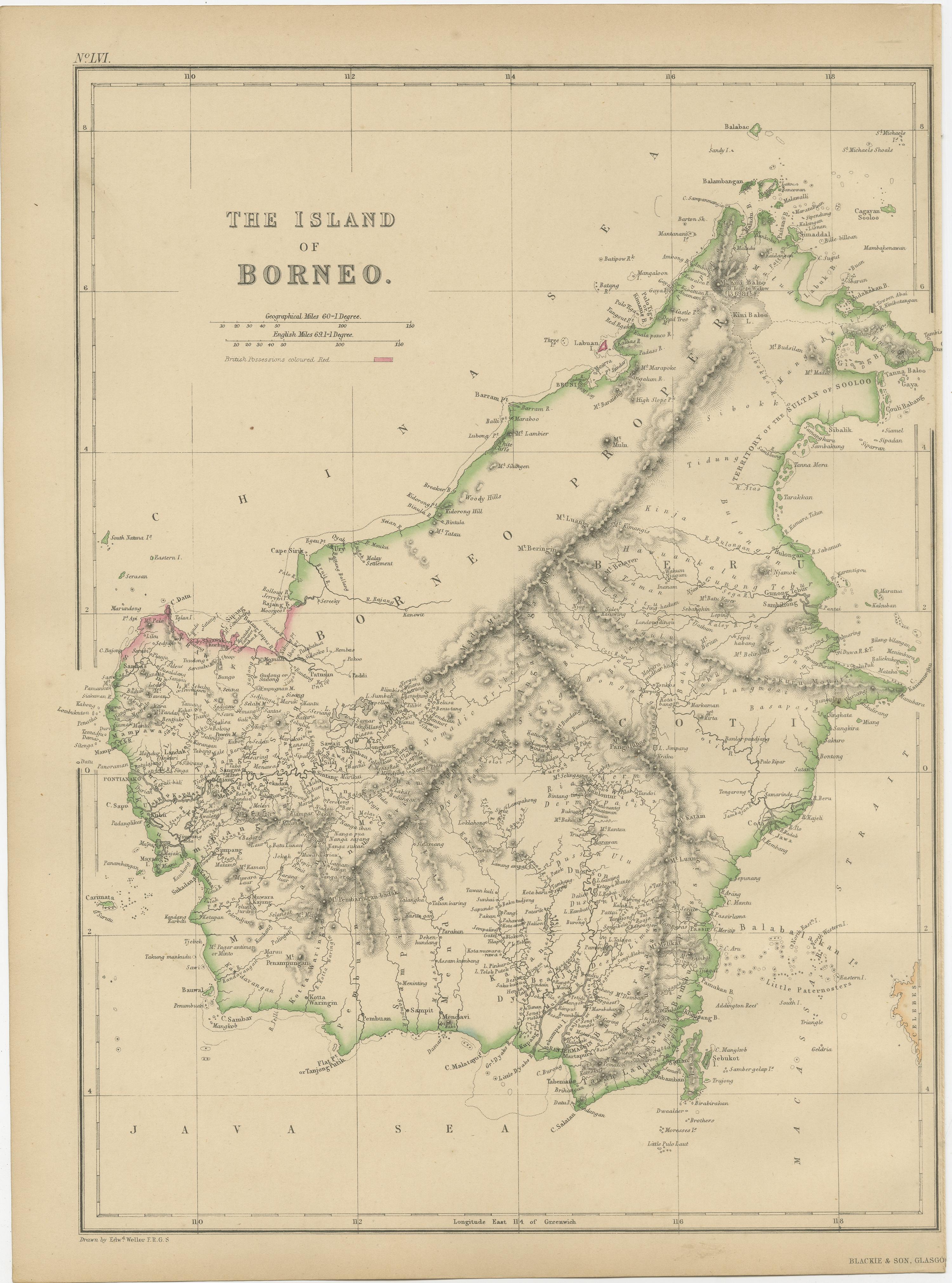 Antique map titled 'The Island of Borneo'. Original antique map of the Island of Borneo. This map originates from ‘The Imperial Atlas of Modern Geography’. Published by W. G. Blackie, 1859.