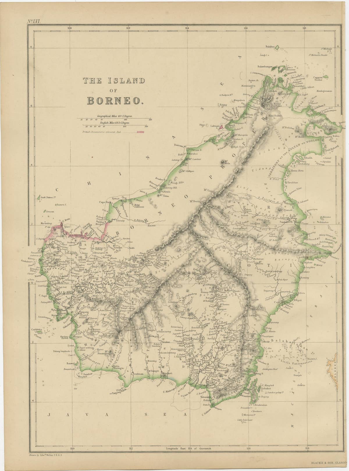 Antique Map of the Island of Borneo by W. G. Blackie, 1859