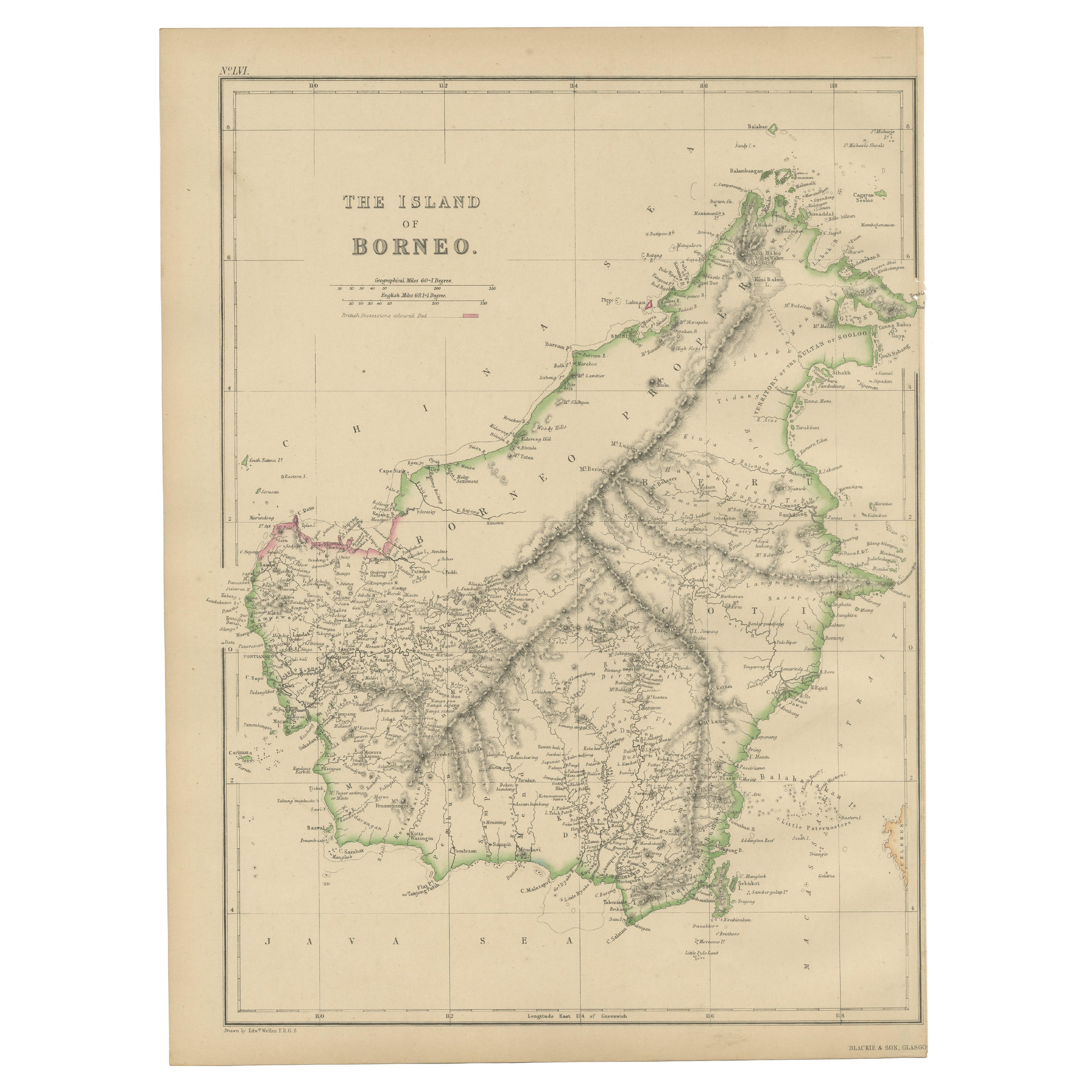 Antike Karte der Insel Borneo von W. G. Blackie, 1859