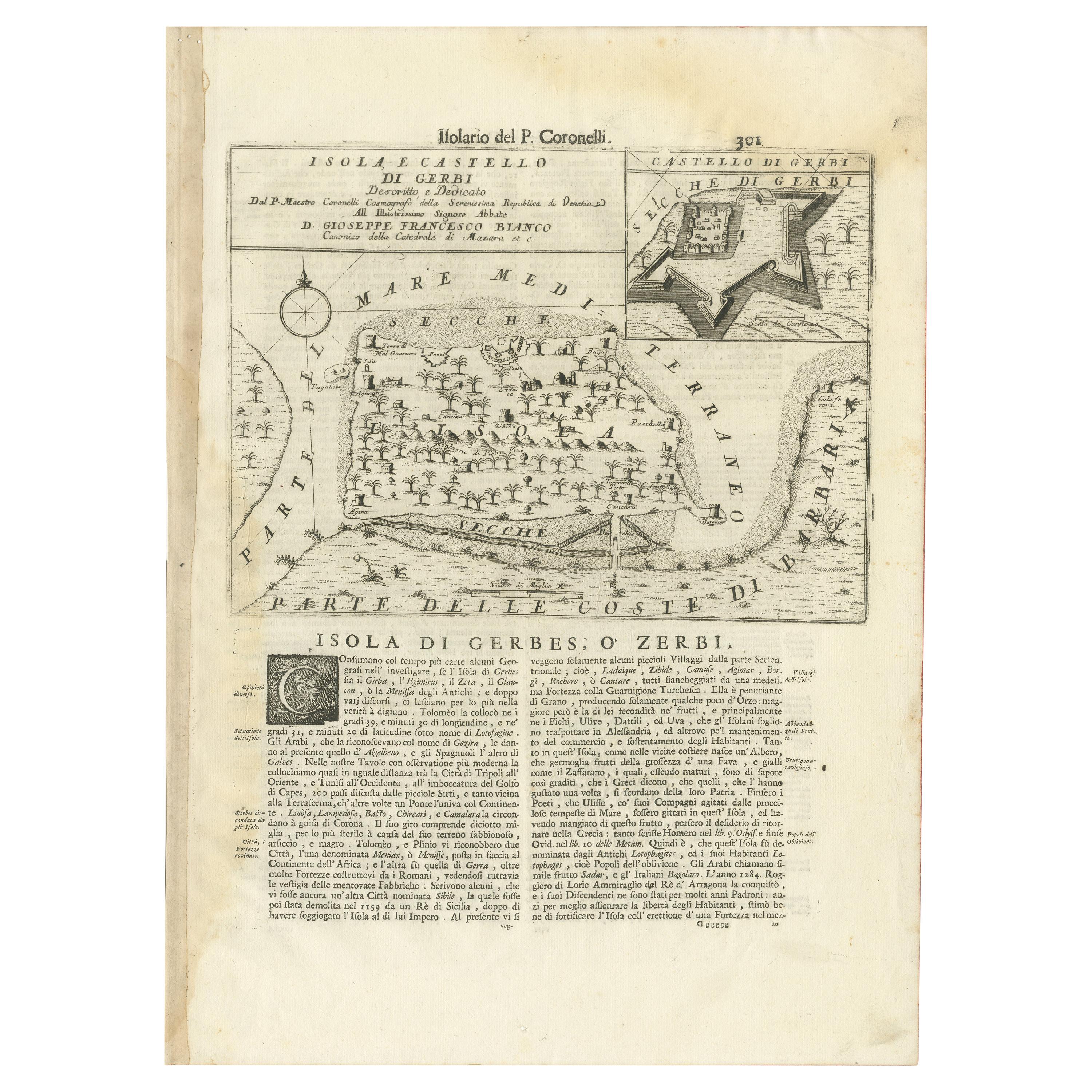 Carte ancienne de l'île de Djerba par Coronelli '1691' en vente