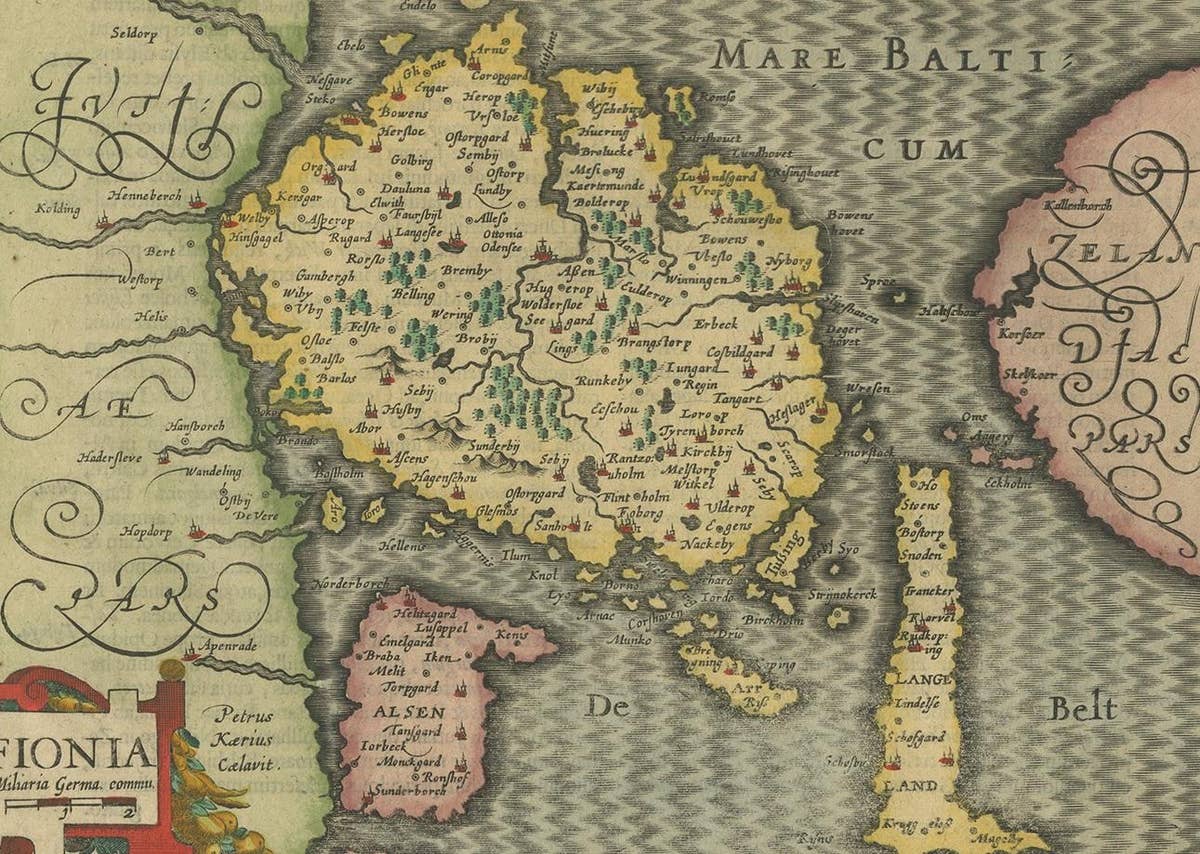 Antique Map of the Island of Funen by Kaerius, 1628