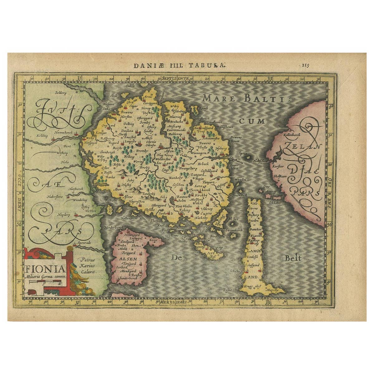 Antique Map of the Island of Funen by Kaerius, 1628