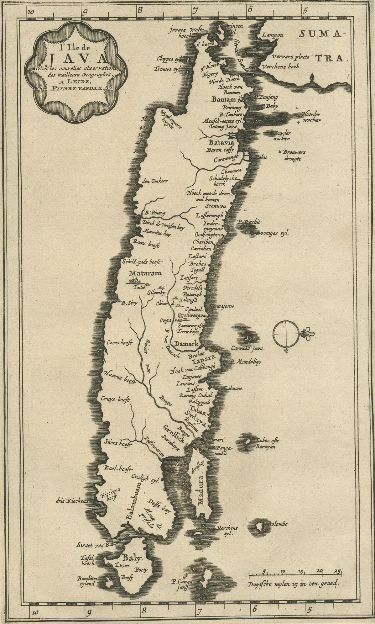 Cette carte rare montre l'île indonésienne de Java. Avec rose des vents et échelle. De : Nouvel Atlas, très exact et fort commode pour toutes sortes de personnes, Contenant Les Principales cartes géographiques. Leyde, P. Van der Aa, s.d. (1713).