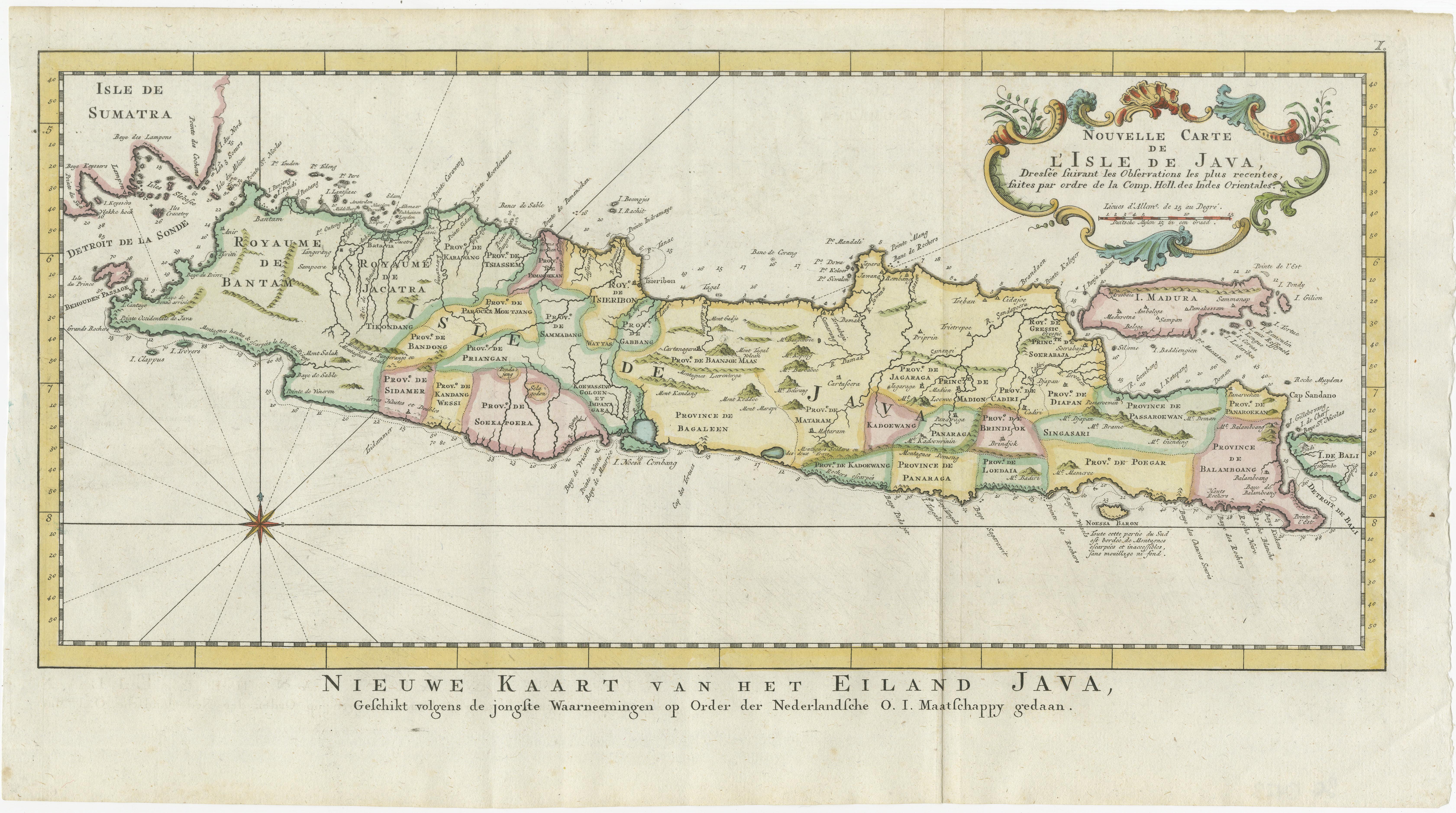 Antique map titled 'Nouvelle Carte de l'Isle de Java (..) - Nieuwe Kaart van het Eiland Java (..)'. Chart of the island of Java, depicting soundings around the coast, all principal harbors, rivers and elevations, bays and points, settlements and