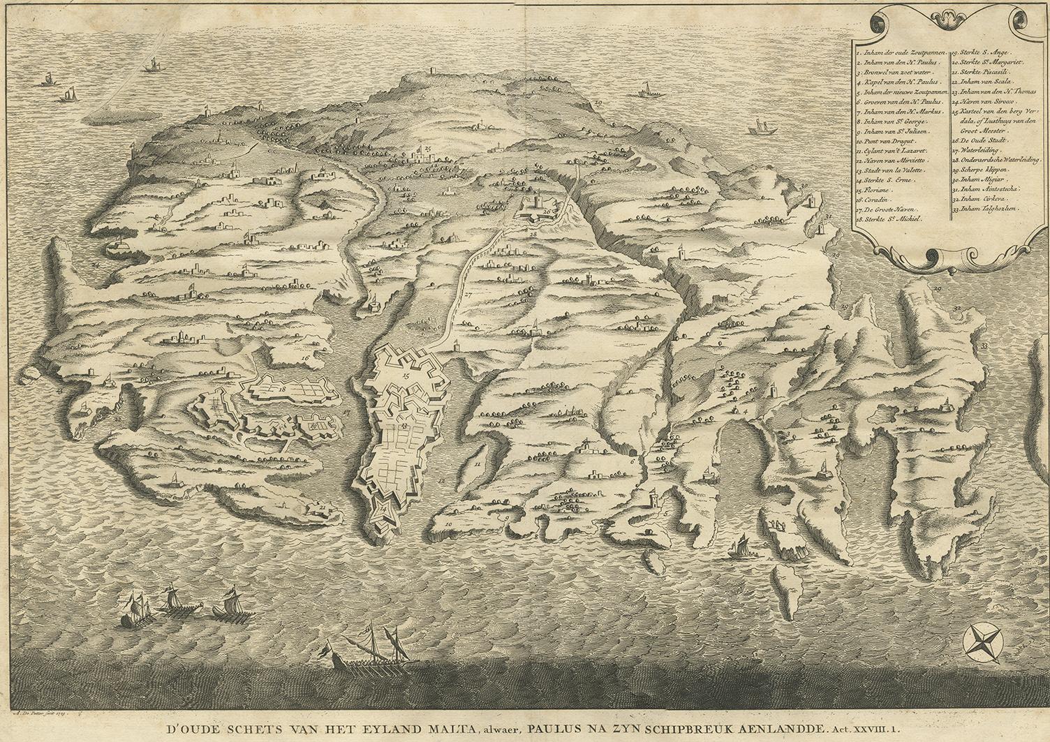 Antique print titled 'D'oude Schets van het Eyland Malta, alwaer, Paulus na zyn Schipbreuk Aenlandde.' - This is an uncommon bird's-eye view map of the island of Malta. The map presents a contemporary view of the island, but also illustrates Apostle
