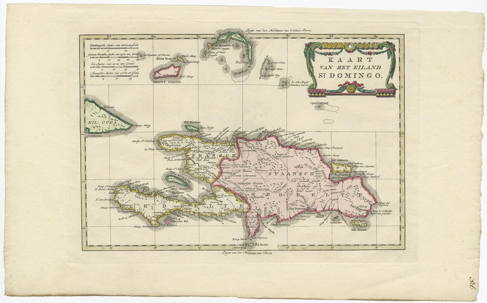 Antique map titled 'Kaart van het Eiland St. Domingo'. Rare map of the island of St. Domingo with Haïti and the Dominican Republic. In 1784, the work by Guillaume-Thomas Raynal was published in Amsterdam by publishing house Matthijs Schalekamp as