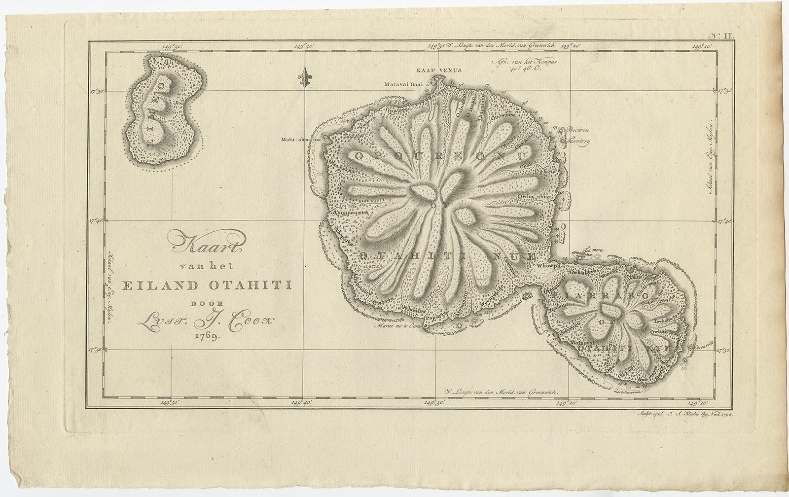 Carte ancienne de Tahiti intitulée 'Kaart van het Eiland Otahiti'. 

Carte ancienne de l'île de Tahiti, Polynésie. Provient de 