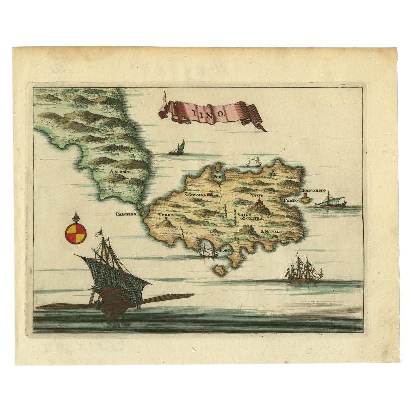 Antique Map of the Island of Tinos by Dapper, 1687 For Sale