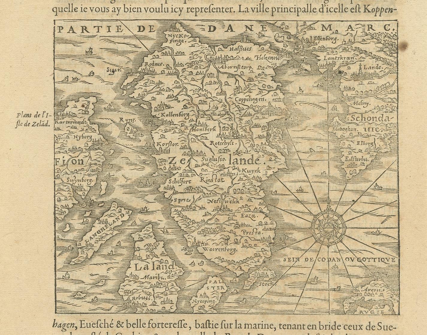 Antique map titled 'Partie de Danemarc'. Map of the island of Zealand, Denmark, including the city of Copenhagen. This map originates from 'Cosmographie Universelle' by André Thevet.