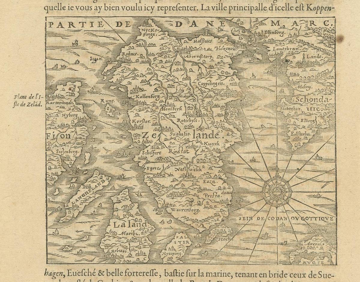 Antique Map of the Island of Zealand 'Denmark' by Thevet, circa 1590
