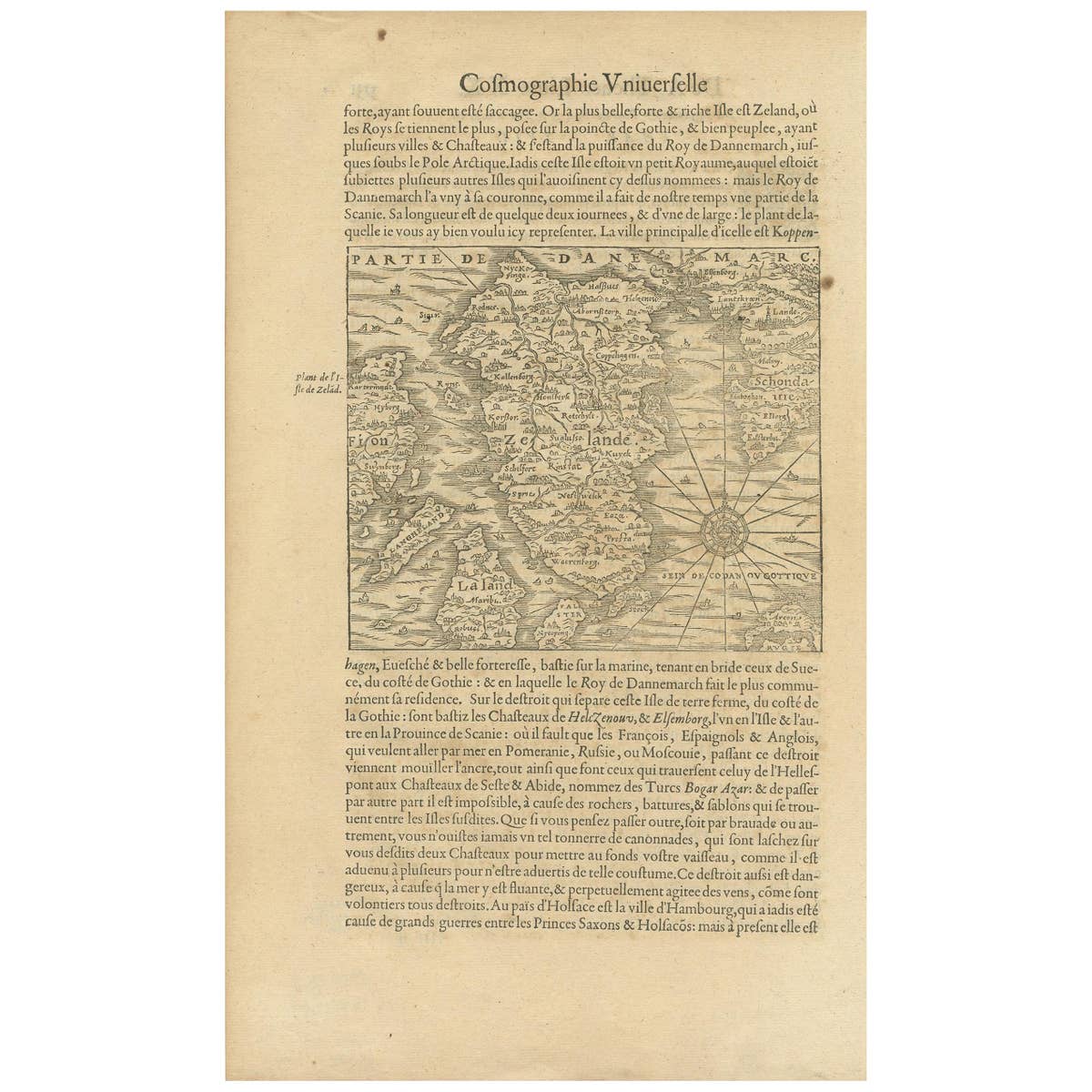 Antique Map of the Island of Zealand 'Denmark' by Thevet, circa 1590