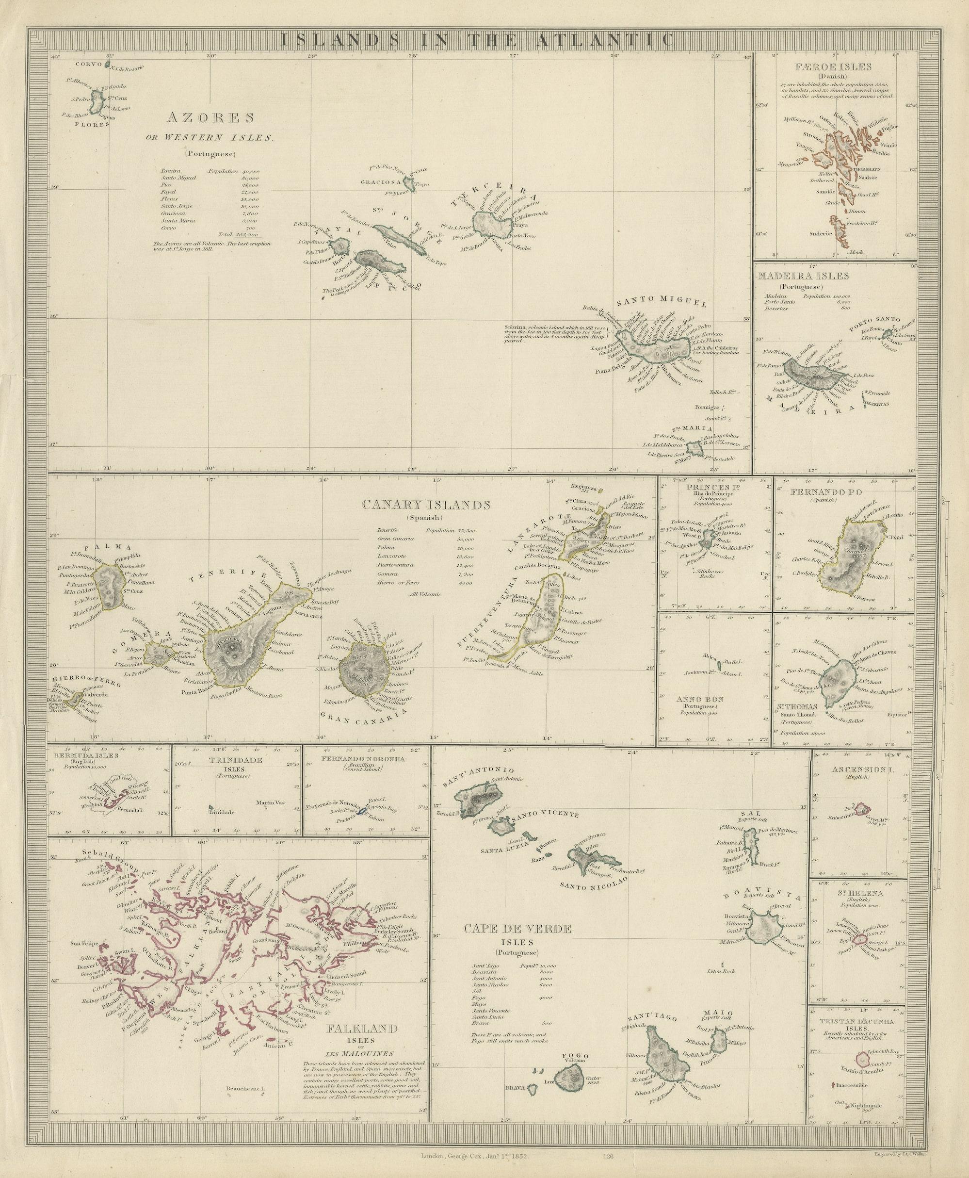 Antique map titled 'Islands in the Atlantic'. Steel engraved map of the islands in the Atlantic Ocean. It shows 16 individual maps on one sheet. Covers the Azores or Western Isles, Faeroe Isles, Madeira Isles, Princes Island, Canary Islands,