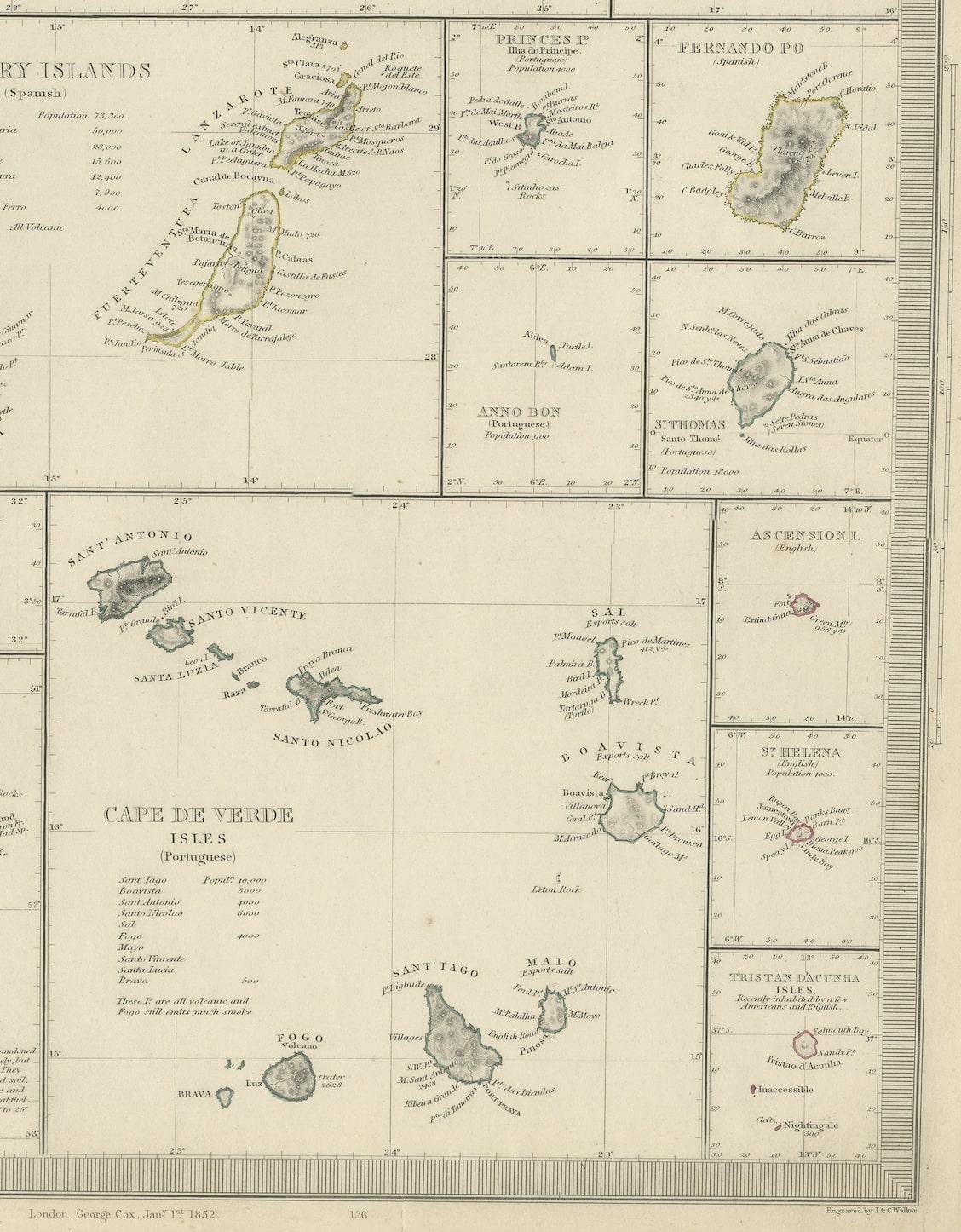 XIXe siècle Carte ancienne des îles de l'océan Atlantique, y compris les Bermudes et le Cap-Vert en vente
