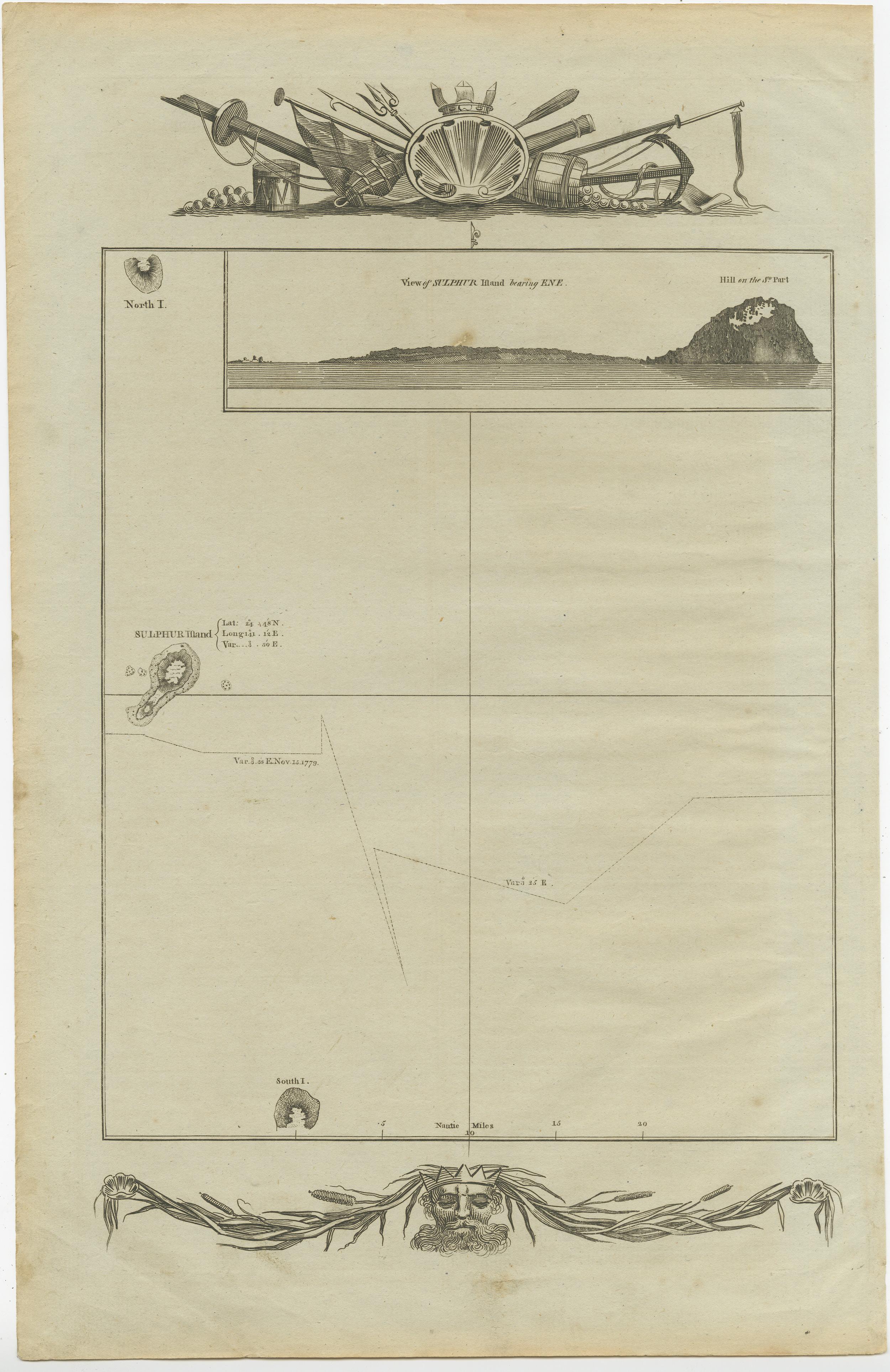 Untitled Antique Map of the islands of Iwo Jima and Sulfur, with a view of Sulphur with the hill. This map originates from 'A new, authentic, and complete collection of voyages round the world : undertaken and performed by royal authority :