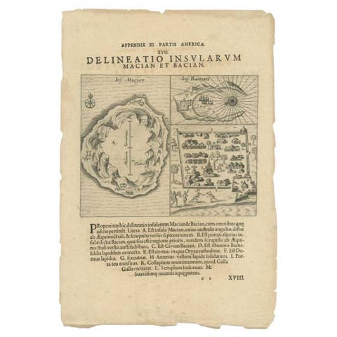Antique Map of the Islands of Macian and Bacian by De Bry, 1619
