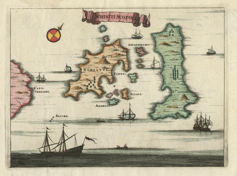 Antique map titled 'Schiatti - Scopoli.' This original antique map shows the islands Schiatti and Scopoli in Greece. Source unknown, to be determined.

Artists and Engravers: Made by 'Olfert Dapper' after an anonymous artist. Olfert Dapper (c. 1635