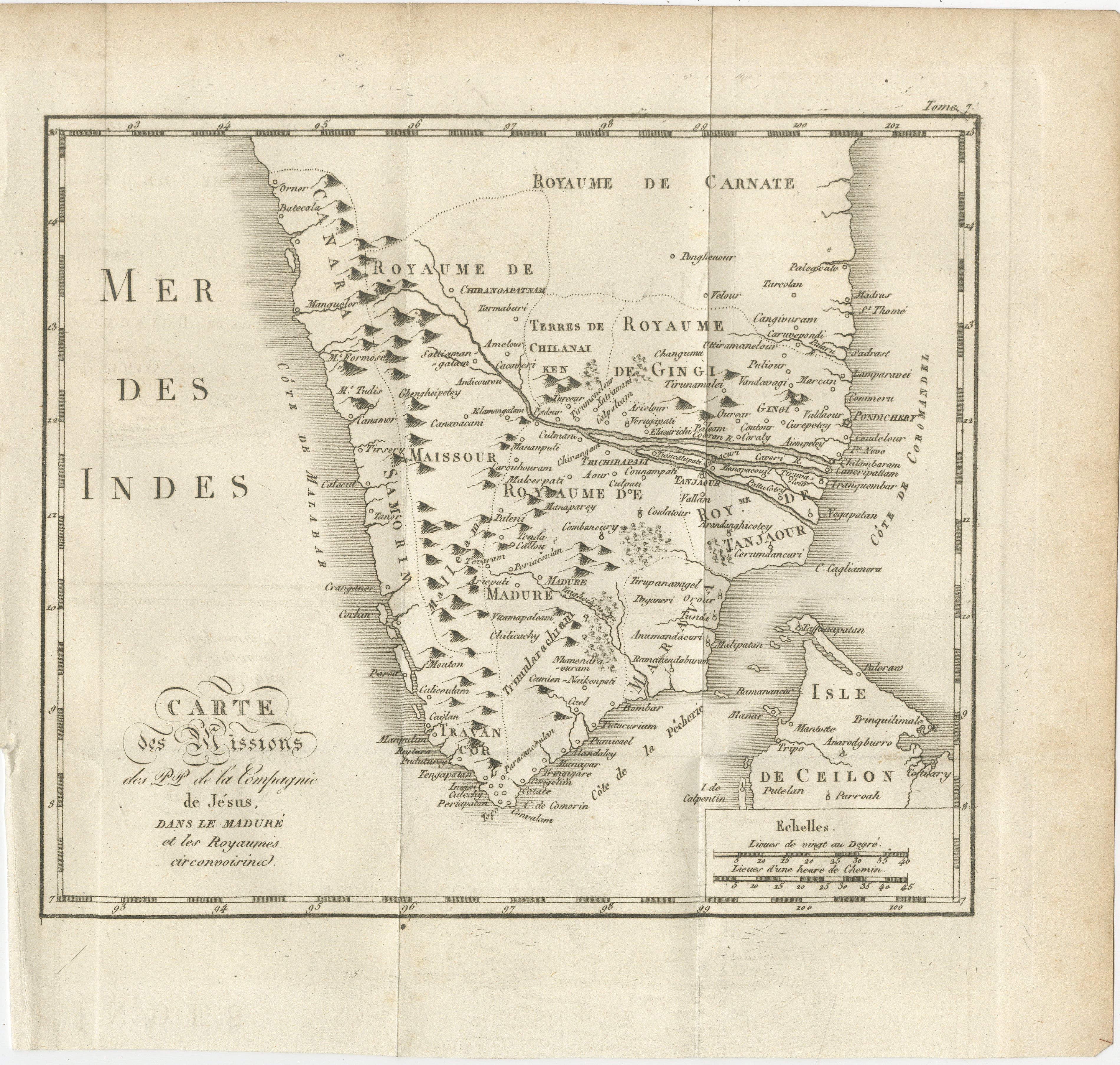 Carte ancienne des missions jésuites à Madurai et dans les royaumes environnants, C.1760.

Cette carte en cuivre du XVIIIe siècle, intitulée Carte des Missions du P.P. de la Compagnie de Jésus dans le Maduré et les Royaumes circonvoisins, représente