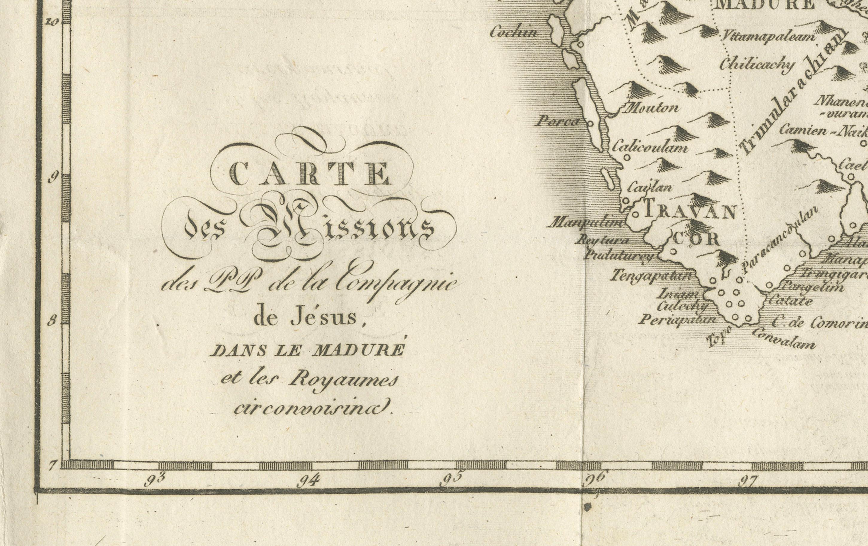 Carte ancienne des missions jésuites à Madurai et dans les royaumes environnants, C.1760. Bon état - En vente à Langweer, NL