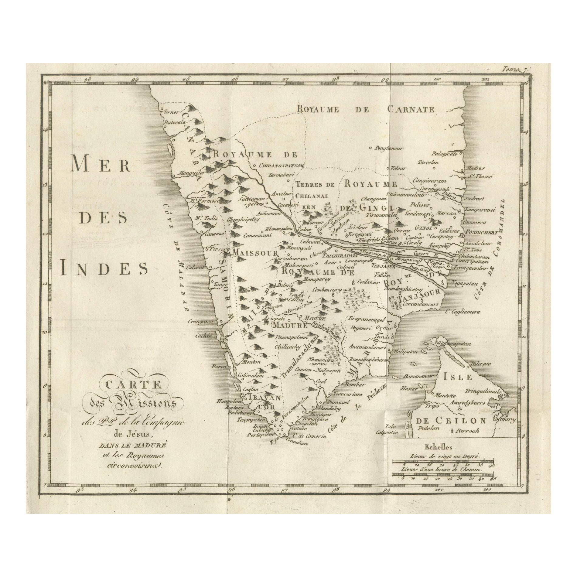 Antique Map of the Jesuit Missions in Madurai and Surrounding Kingdoms, c.1760