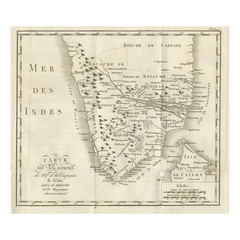 Antique Map of the Jesuit Missions in Madurai and Surrounding Kingdoms, c.1760