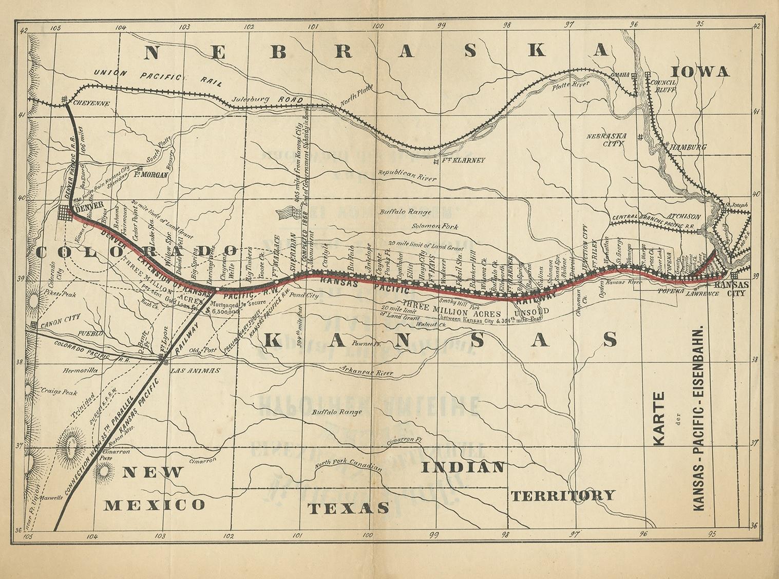 Antique map titled 'Karte der Kansas-Pacific-Eisenbahn'. Lithographed map of the Kansas Pacific railroad. German text on verso which reads 'Kansas Pacific Eisenbahn Gesellschaft erste Hypothek-Anleihe (..)'.