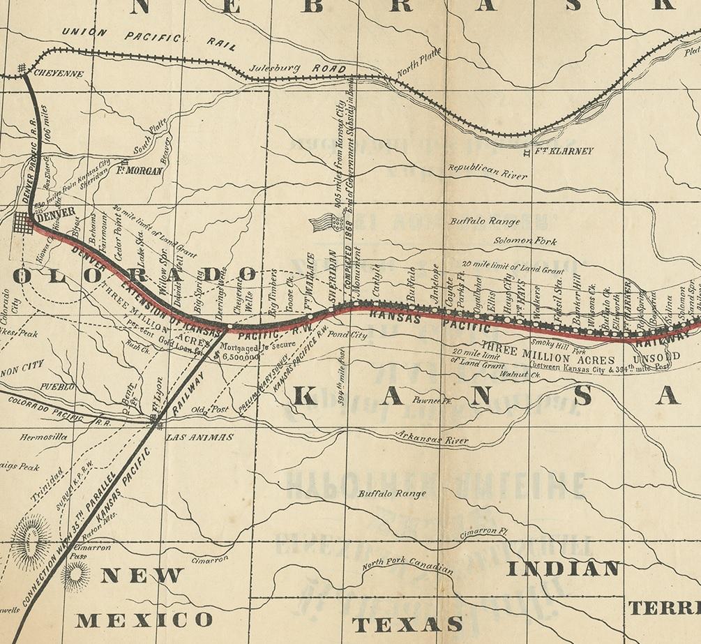 Carte ancienne de la Kansas Pacific Railroad, circa 1900 État moyen - En vente à Langweer, NL