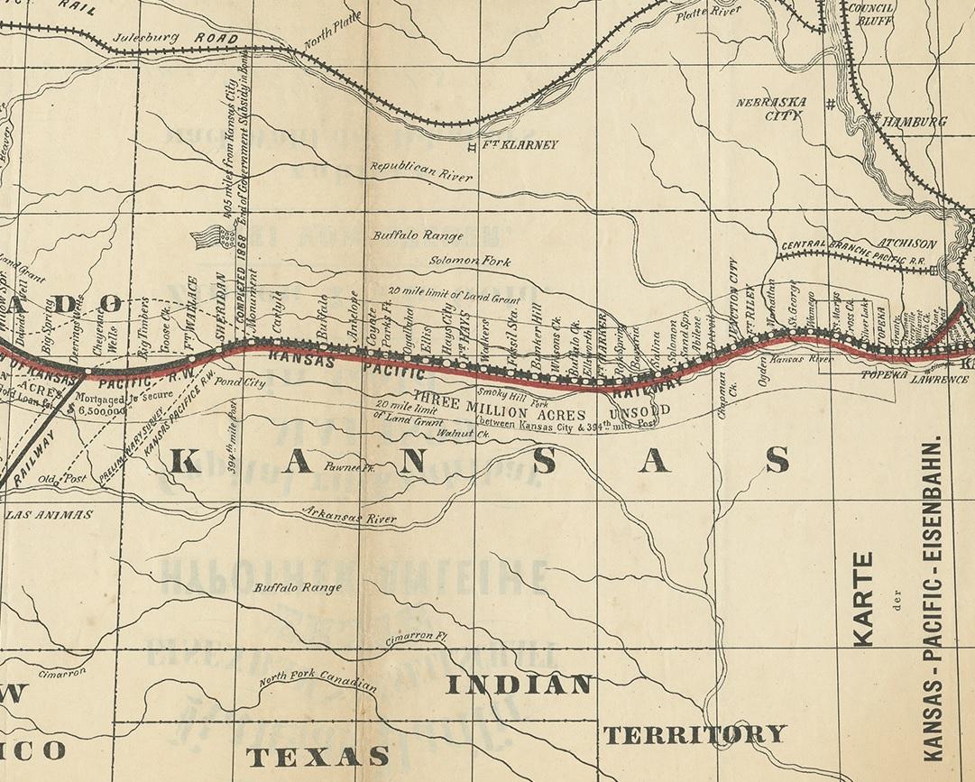 20ième siècle Carte ancienne de la Kansas Pacific Railroad, circa 1900 en vente